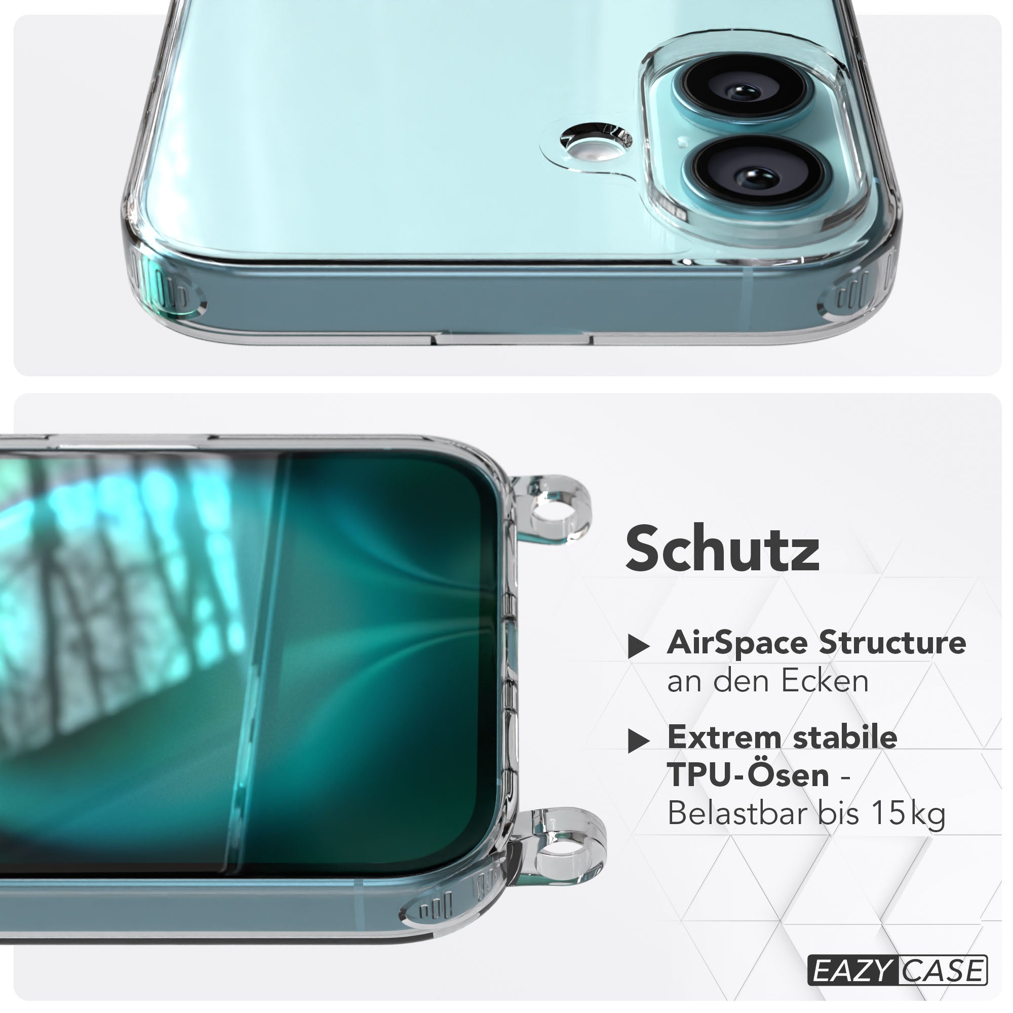 iPhone 16 Plus transparente Schutzhülle mit Befestigungsösen für Handyketten