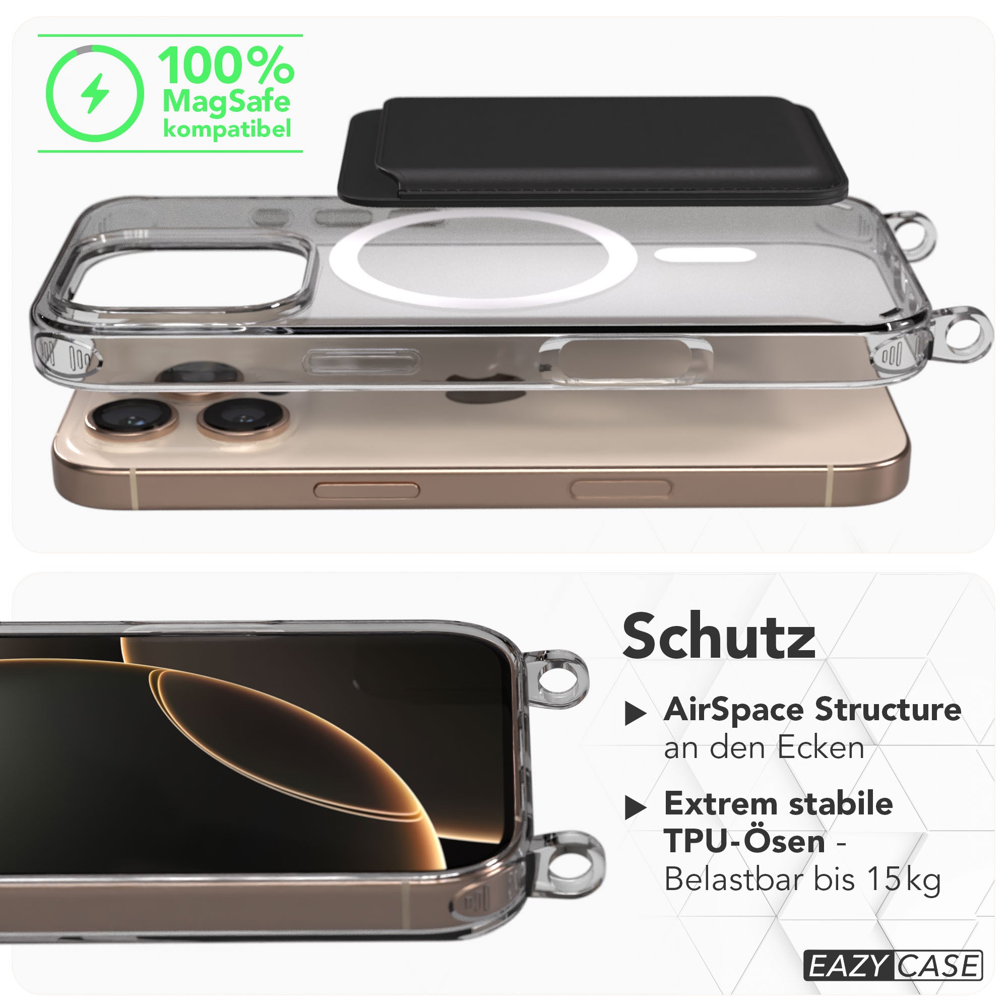 iPhone 16 Pro Schutzhülle transparent mit MagSafe und Handyketten Ösen