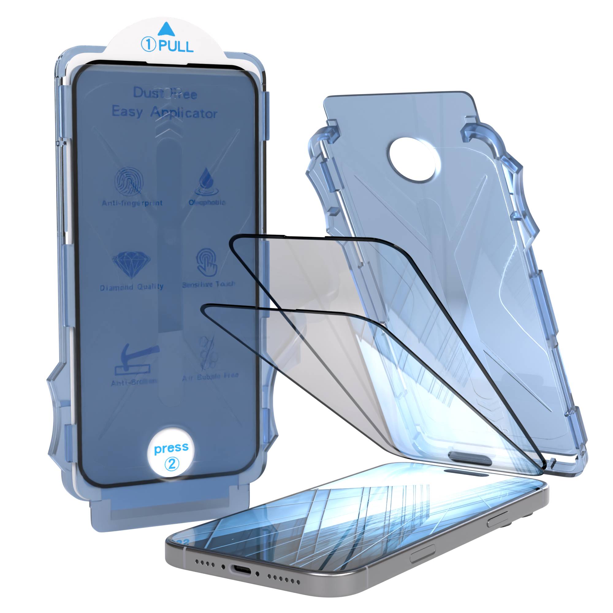 iPhone 16 Pro Max Glasfolie Set mit Installationsrahmen und Kameraschutz