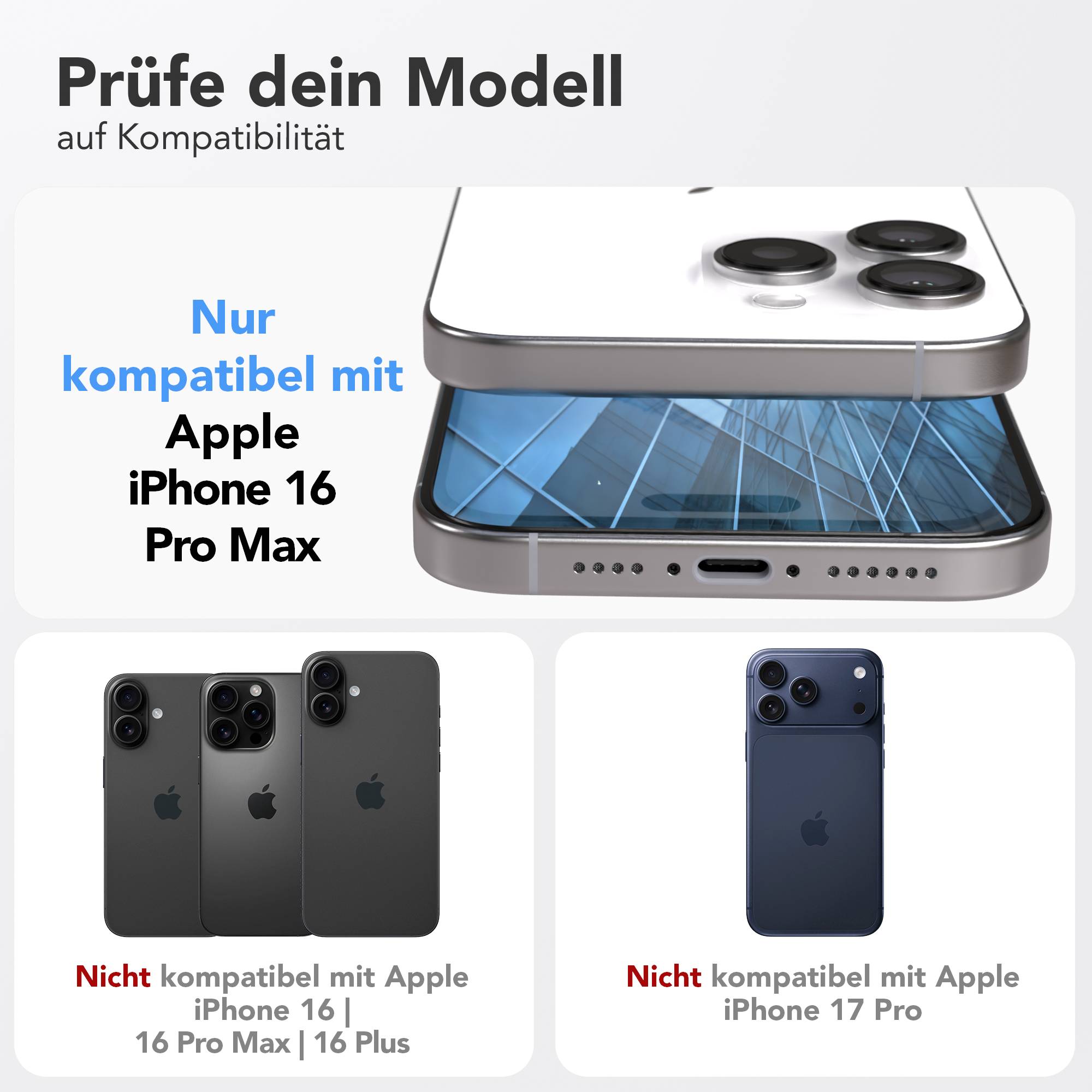 iPhone 16 Pro Max Glasfolie Set mit Installationsrahmen und Kameraschutz