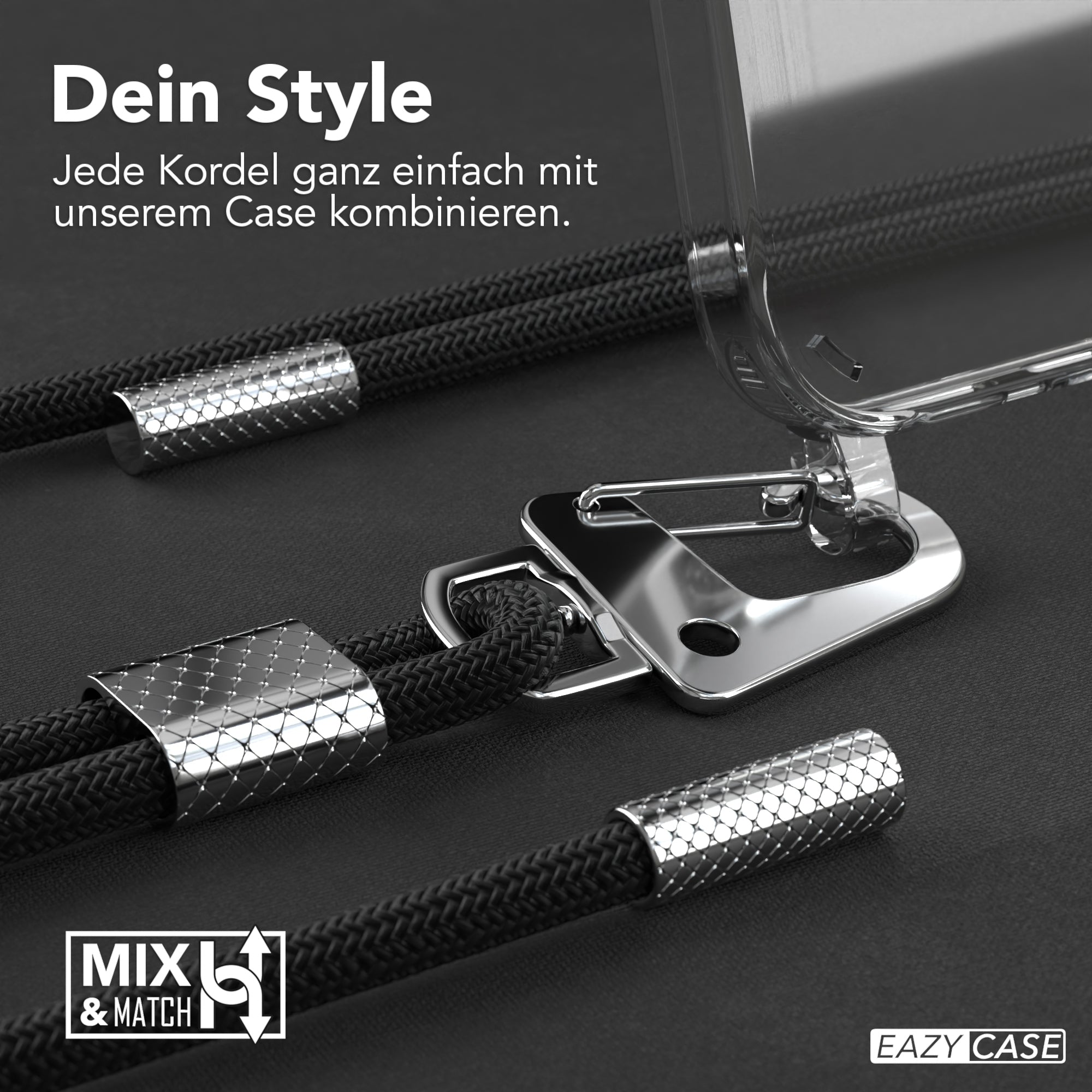 iPhone 16 Hülle + Kordel mit Karabinern