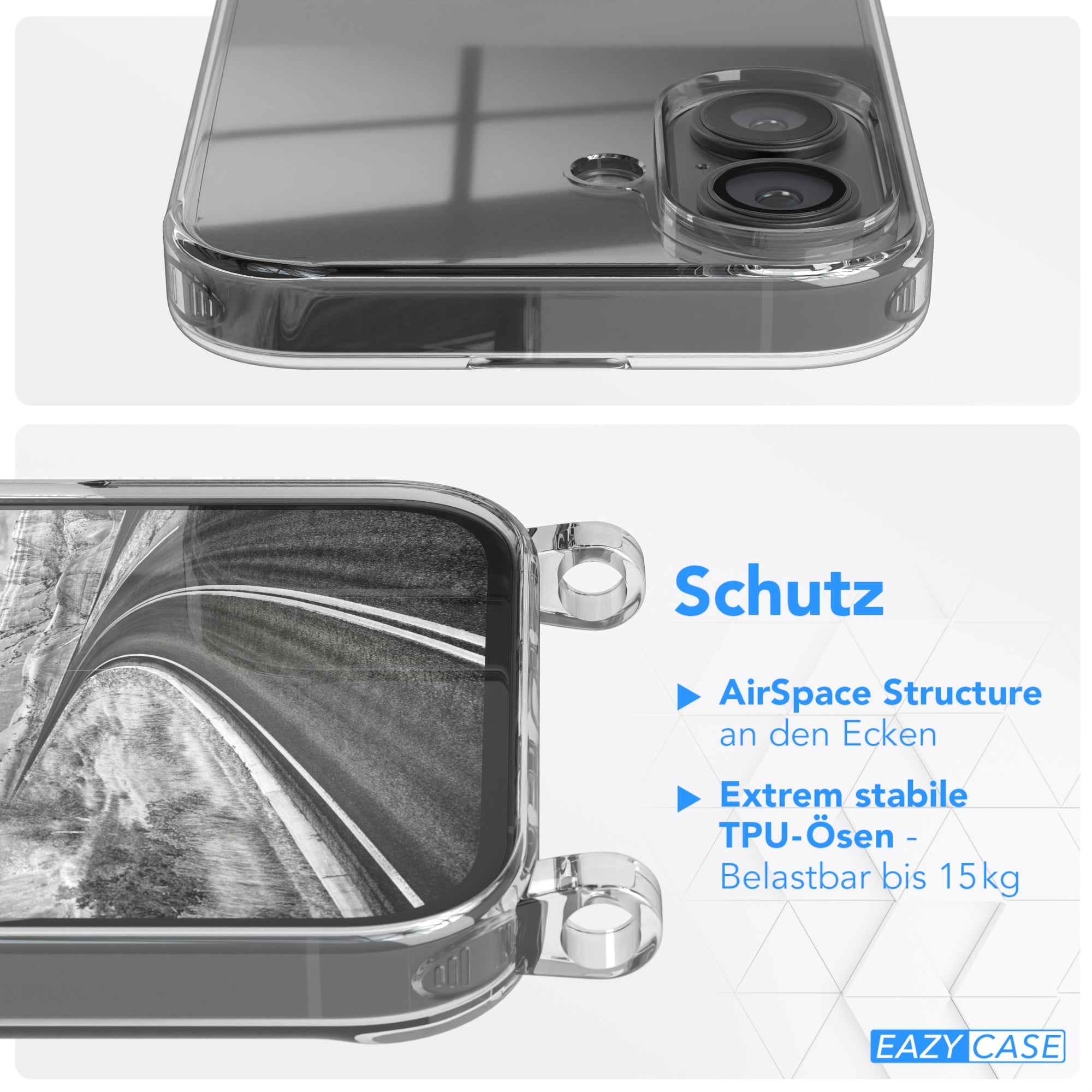 iPhone 16 Hülle + Kordel mit Karabinern