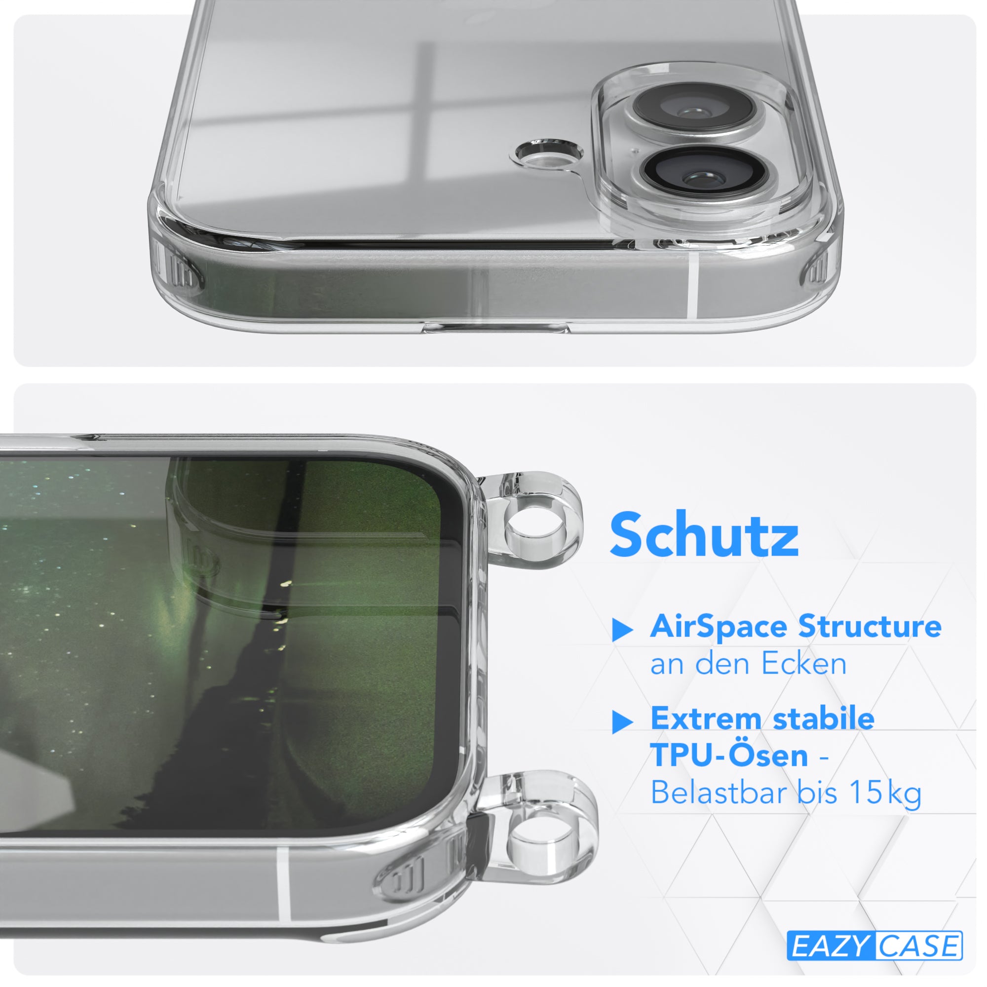iPhone 16 Hülle + Kordel mit Karabinern
