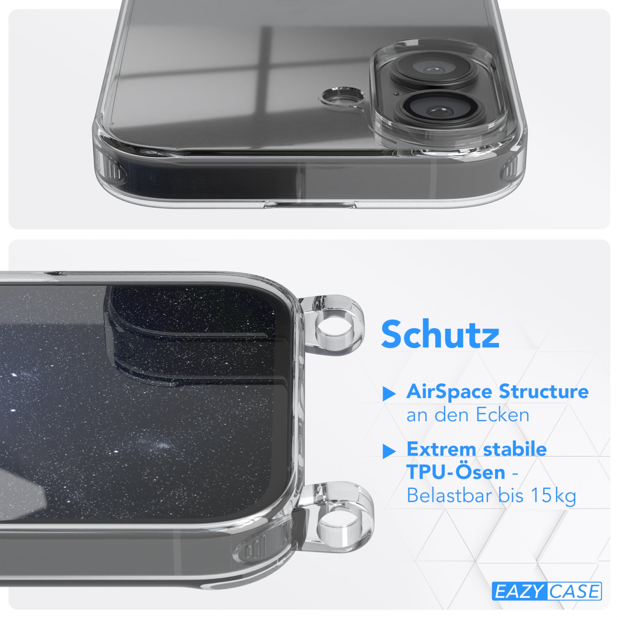 iPhone 16 Hülle + Kordel mit Karabinern