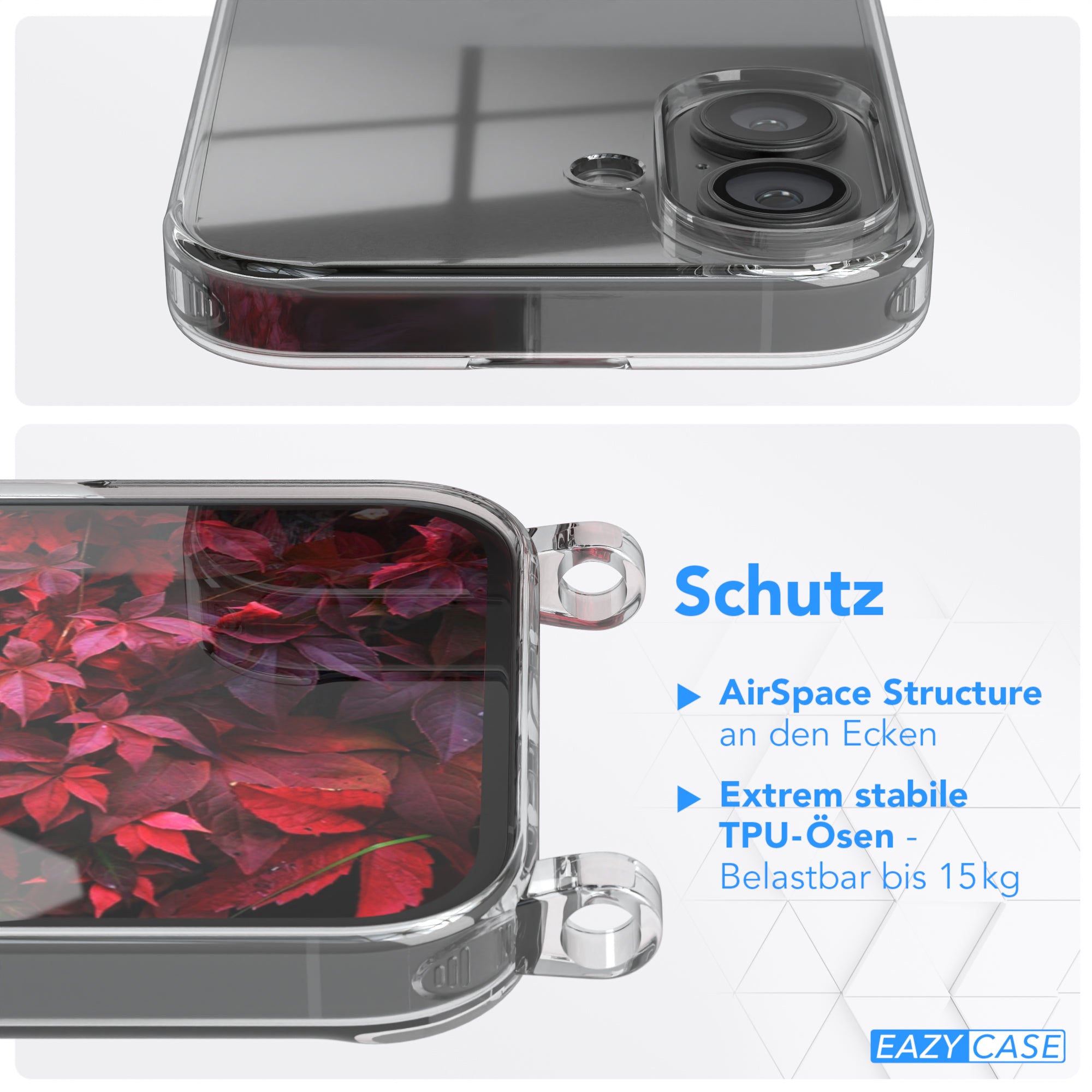 iPhone 16 Hülle + Kordel mit Karabinern