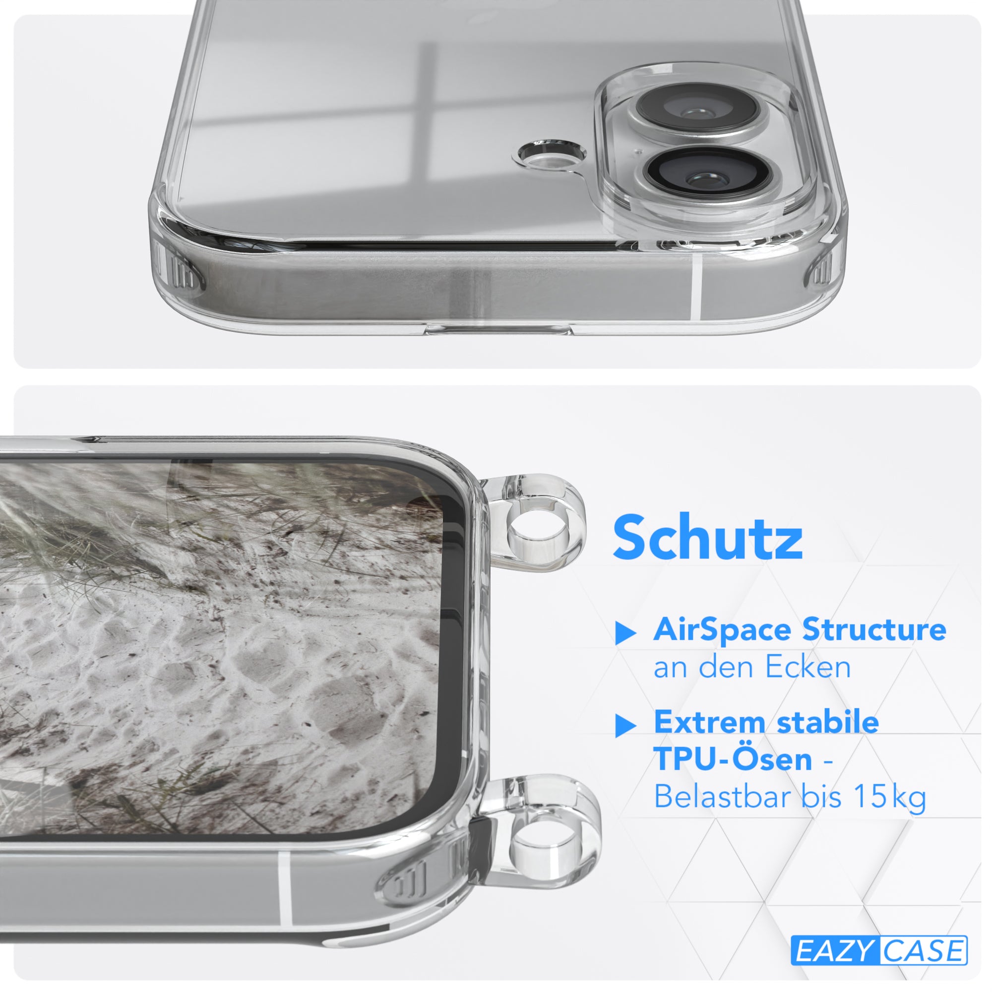 iPhone 16 Hülle + Kordel mit Karabinern
