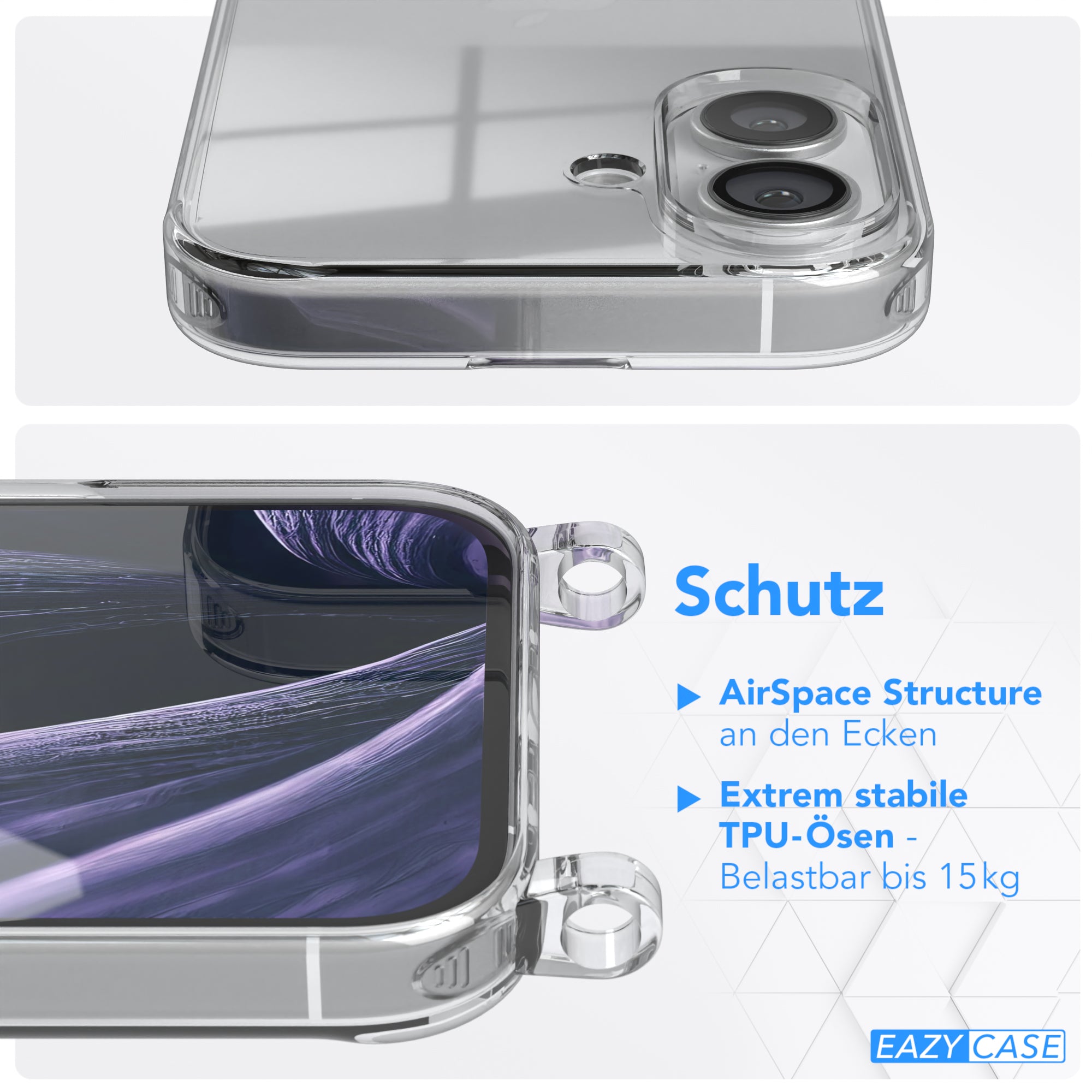 iPhone 16 Hülle + Kordel mit Karabinern