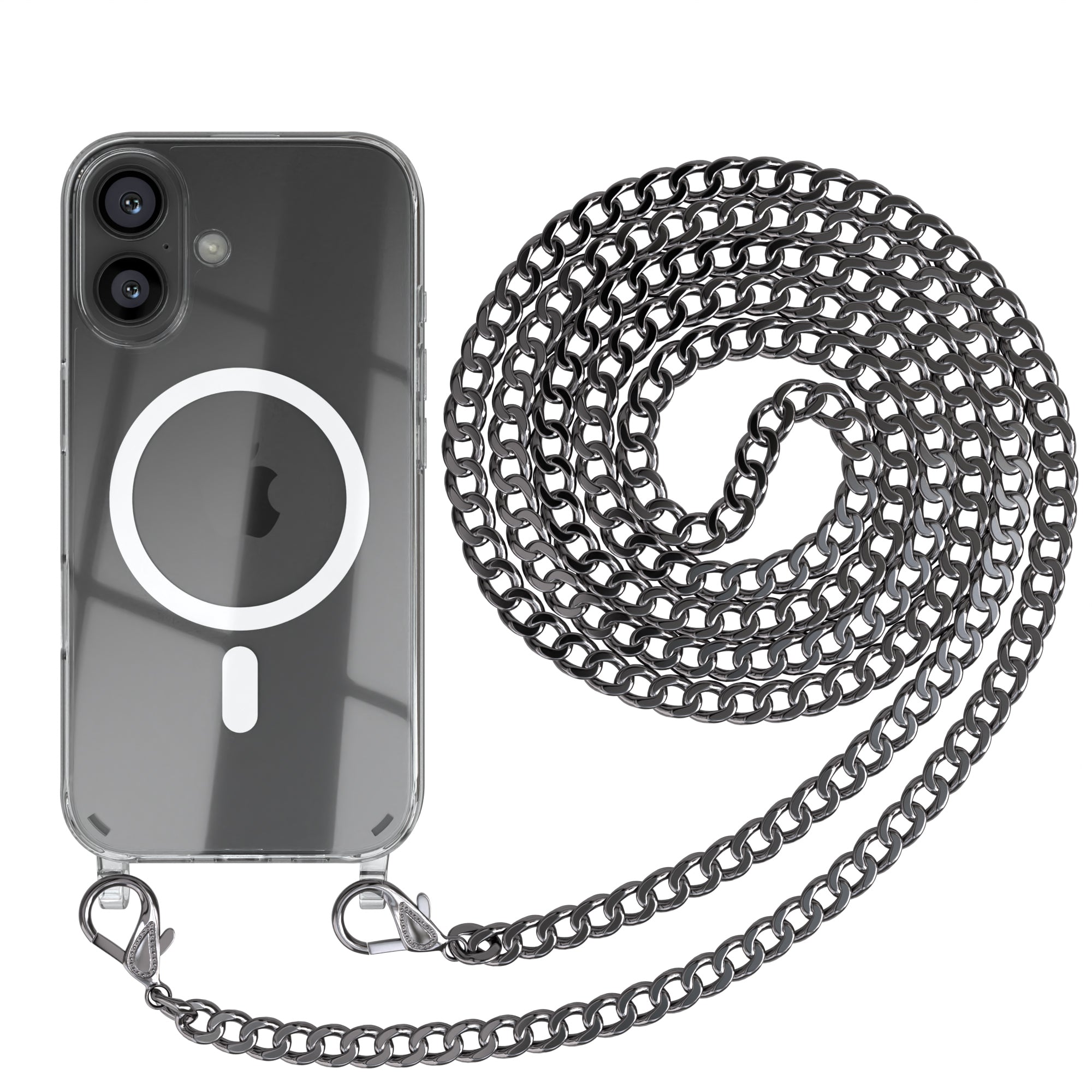 iPhone 16 Hülle mit Metallkette + Schwarze Kordel mit MagSafe