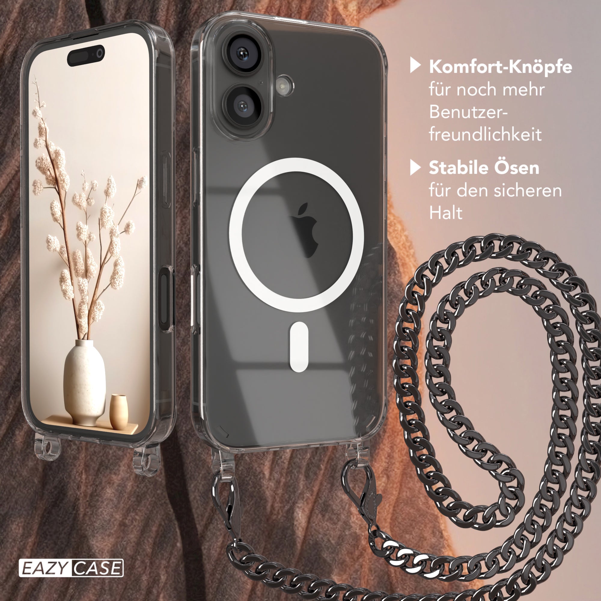 iPhone 16 Hülle mit Metallkette + Schwarze Kordel mit MagSafe