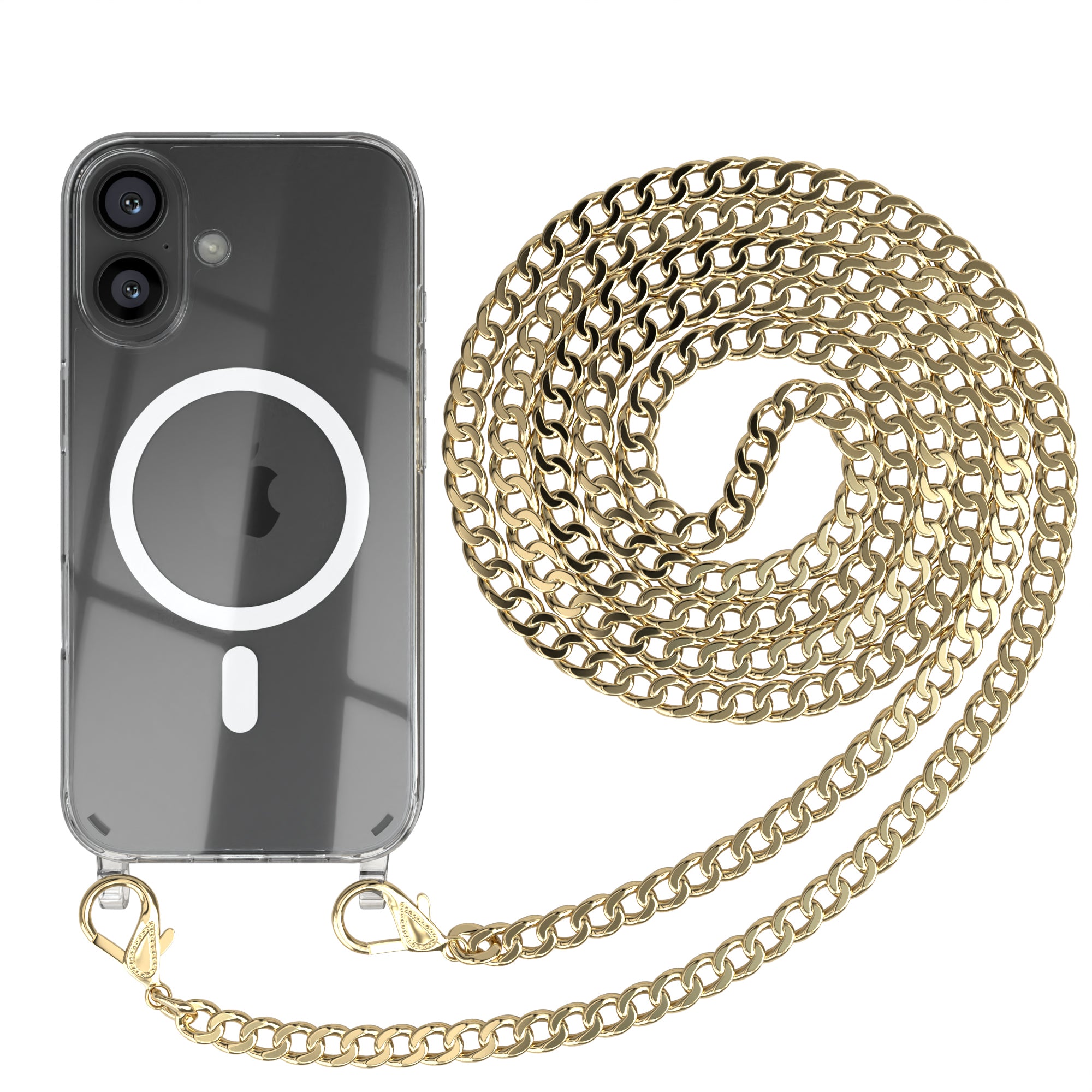 iPhone 16 Hülle mit Metallkette + Schwarze Kordel mit MagSafe