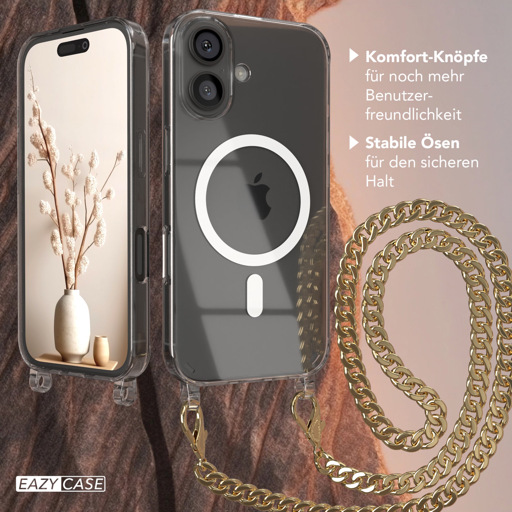 iPhone 16 Hülle mit Metallkette + Schwarze Kordel mit MagSafe