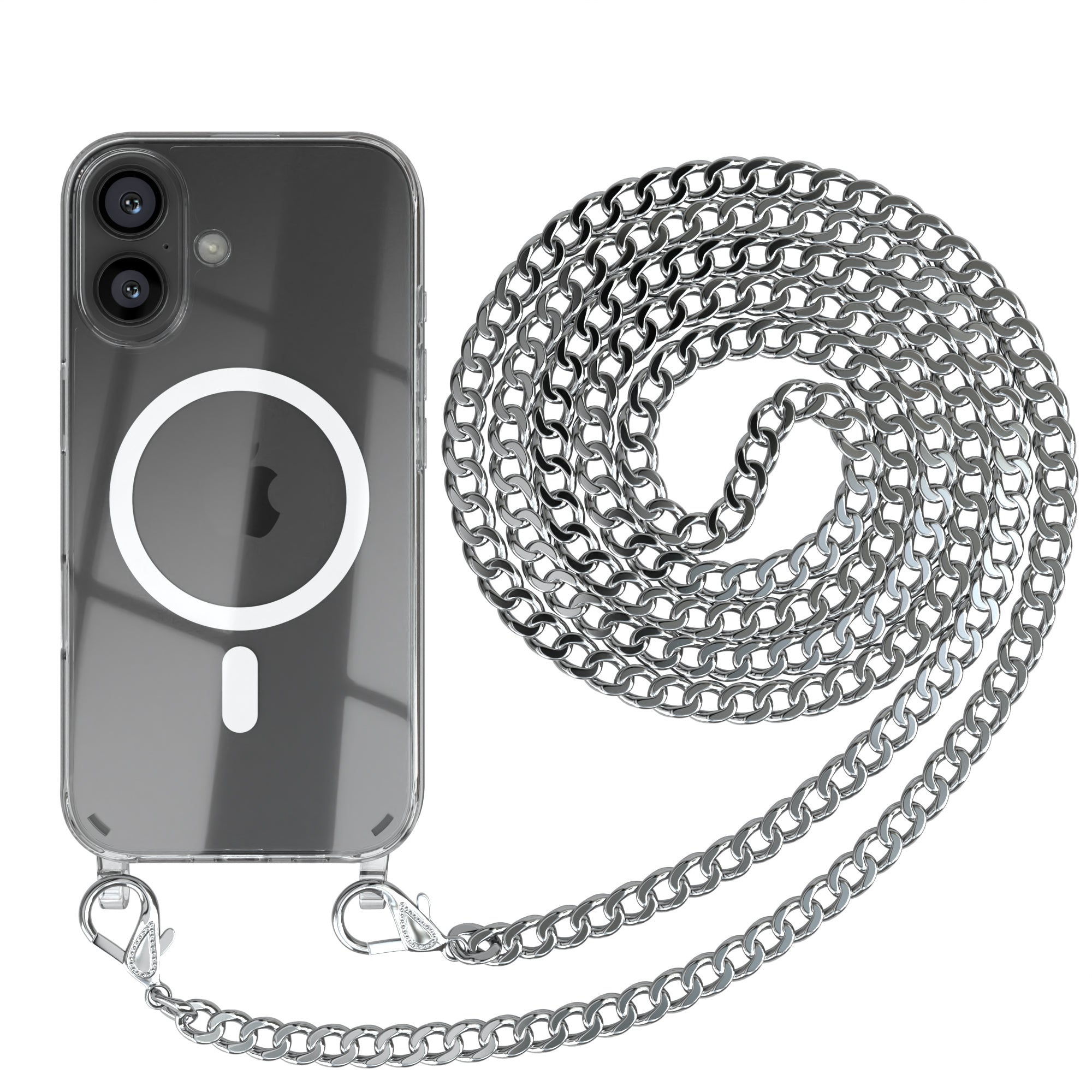 iPhone 16 Hülle mit Metallkette + Schwarze Kordel mit MagSafe