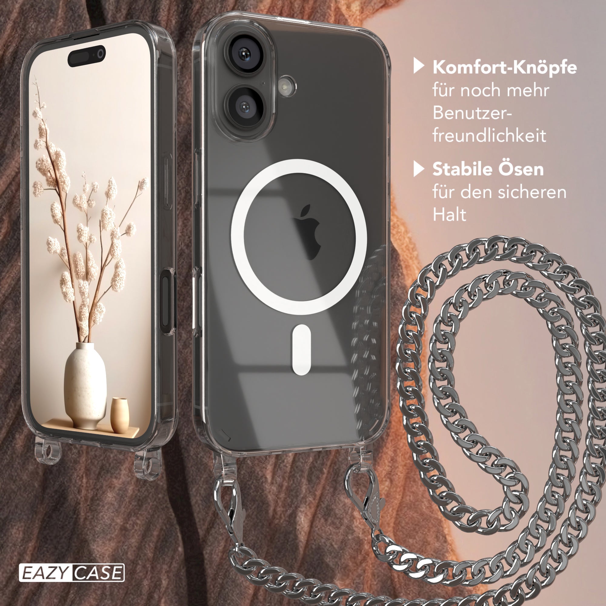 iPhone 16 Hülle mit Metallkette + Schwarze Kordel mit MagSafe