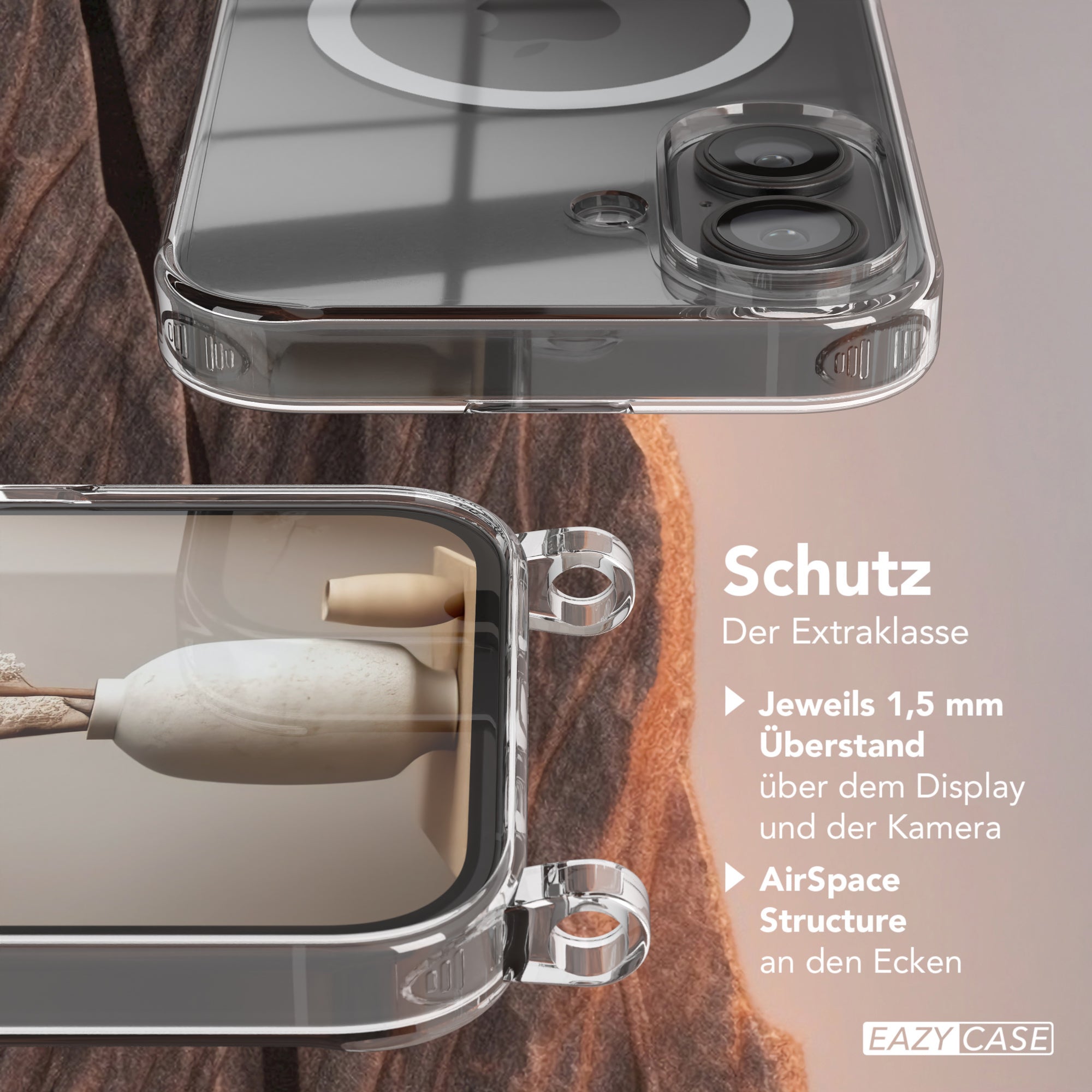 iPhone 16 Hülle mit Metallkette + Schwarze Kordel mit MagSafe