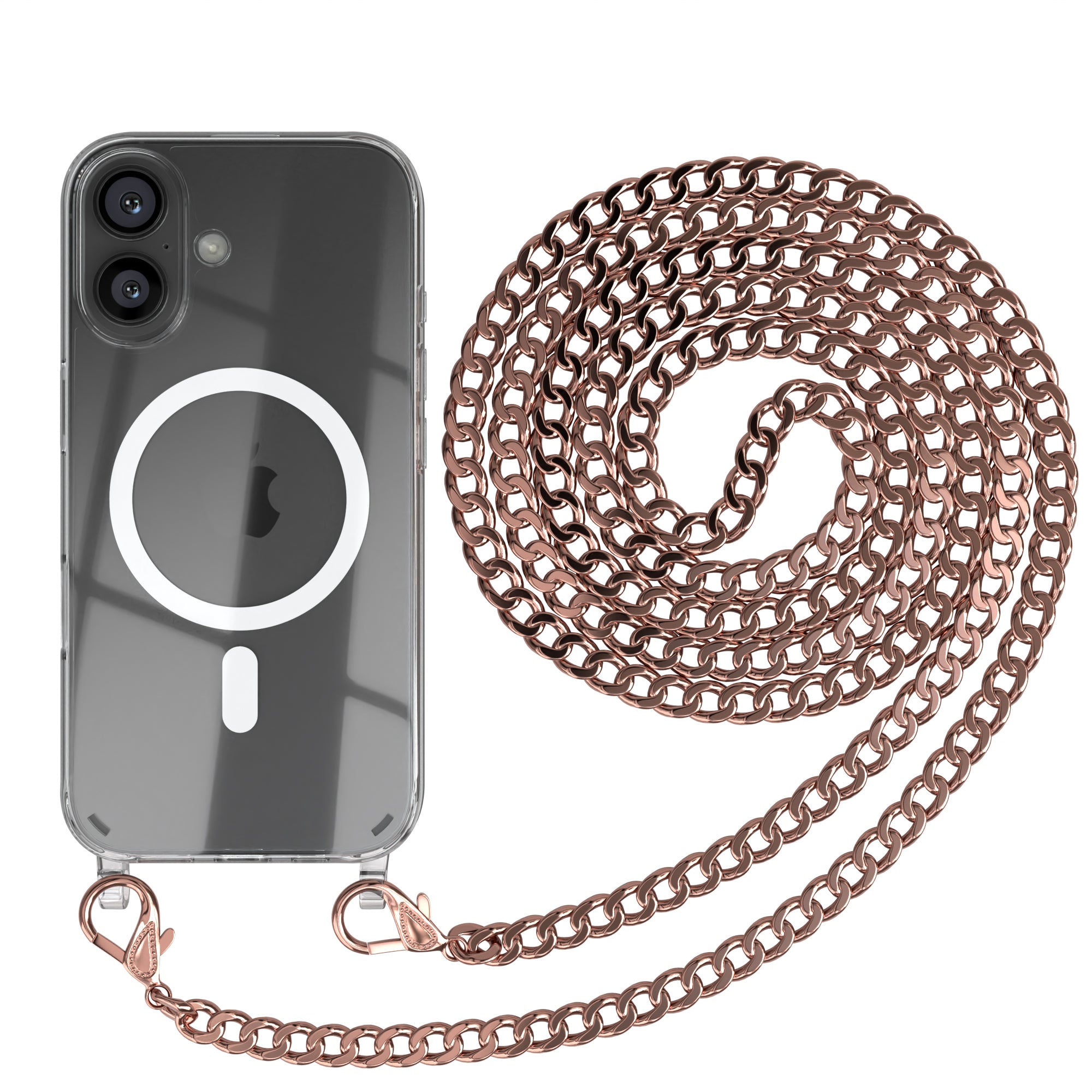 iPhone 16 Hülle mit Metallkette + Schwarze Kordel mit MagSafe