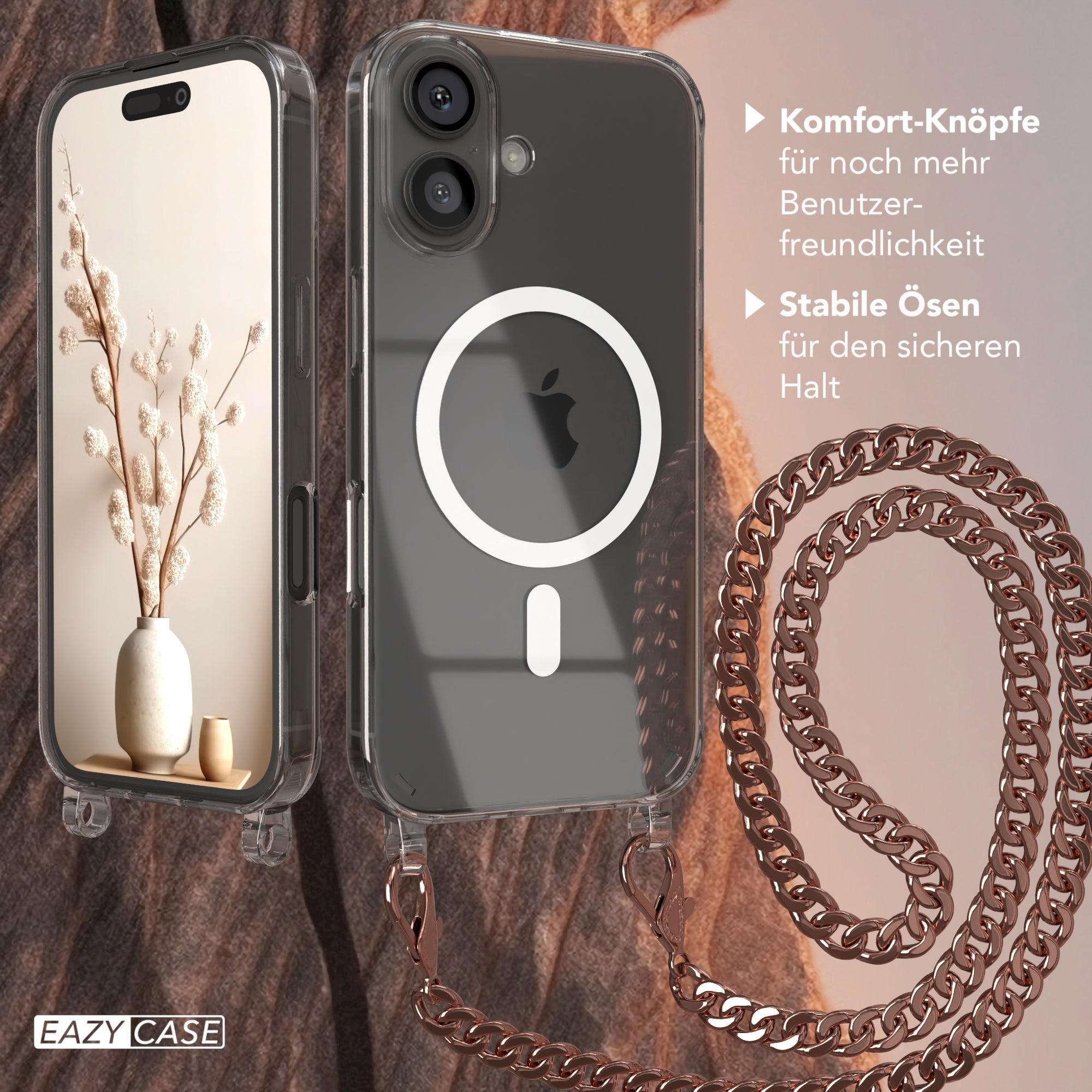 iPhone 16 Hülle mit Metallkette + Schwarze Kordel mit MagSafe