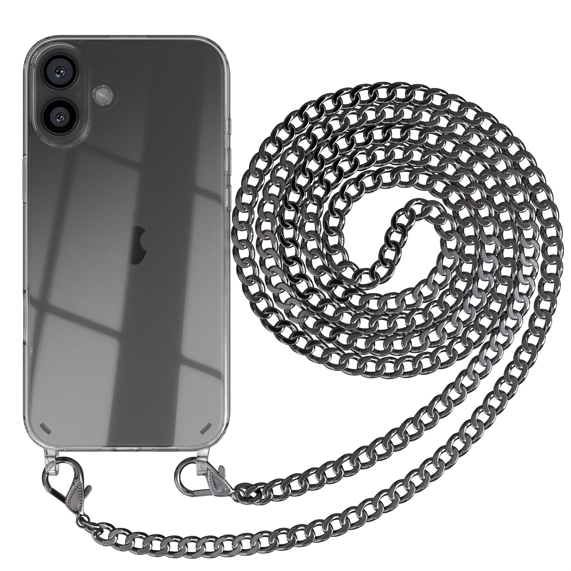 iPhone 16 Plus Hülle mit Metallkette + Schwarze Kordel