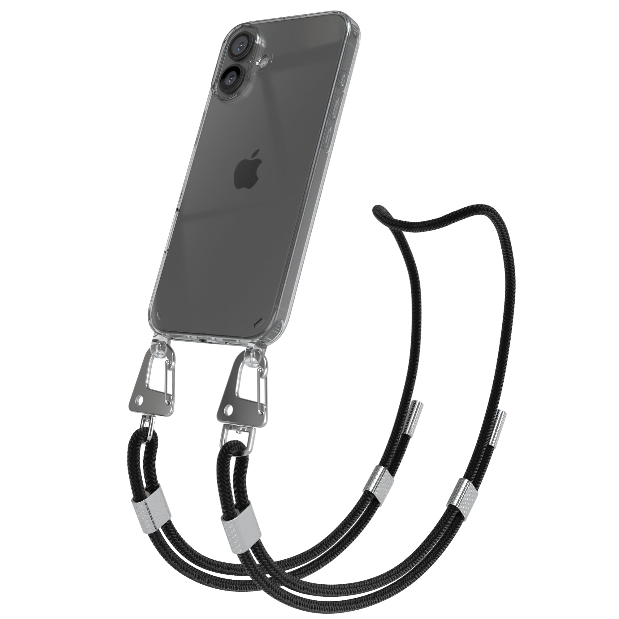 iPhone 16 Plus Hülle + Kordel mit Karabinern