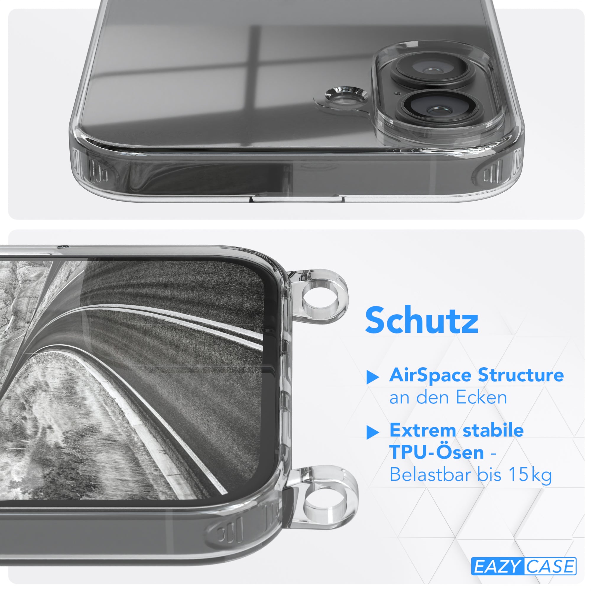 iPhone 16 Plus Hülle + Kordel mit Karabinern