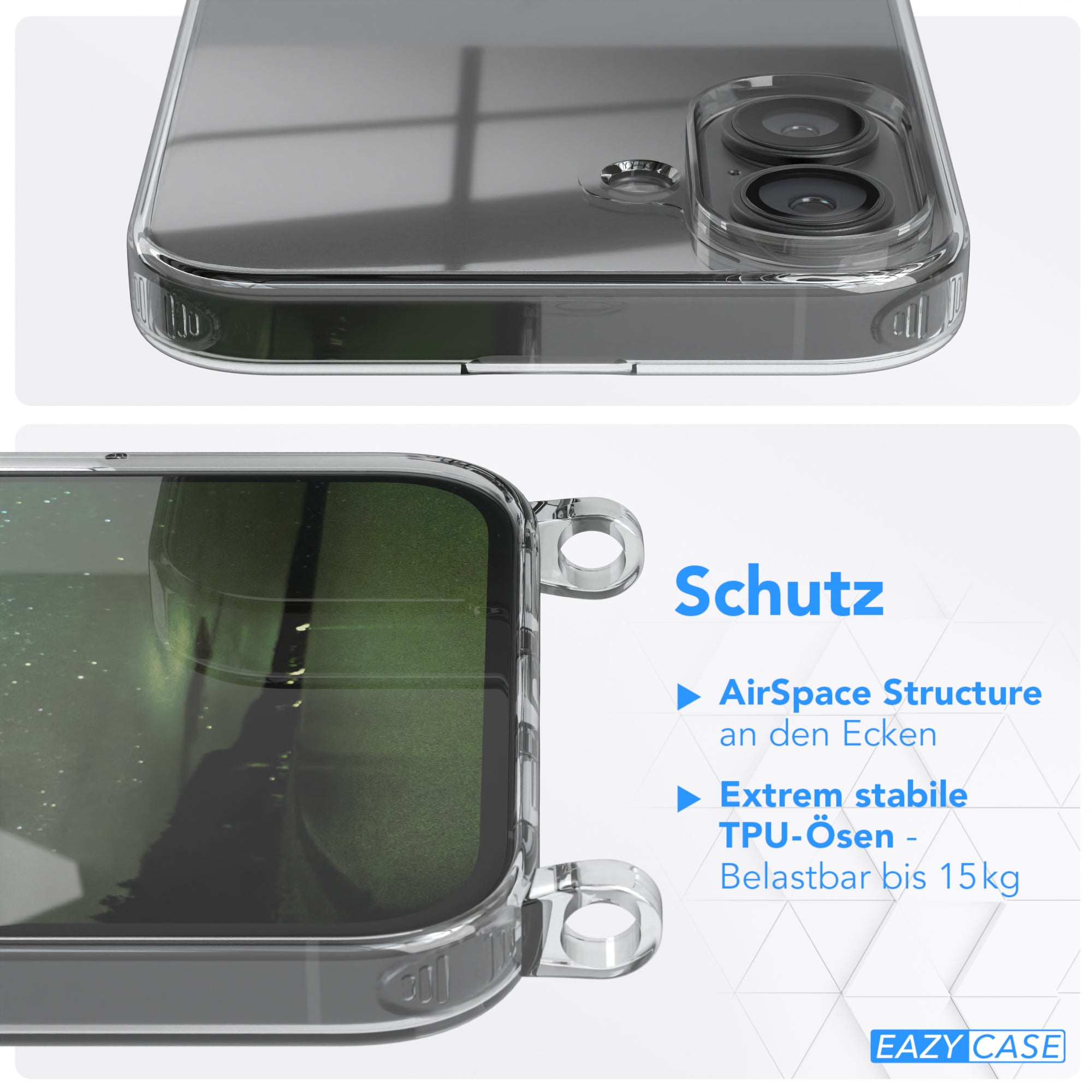 iPhone 16 Plus Hülle + Kordel mit Karabinern