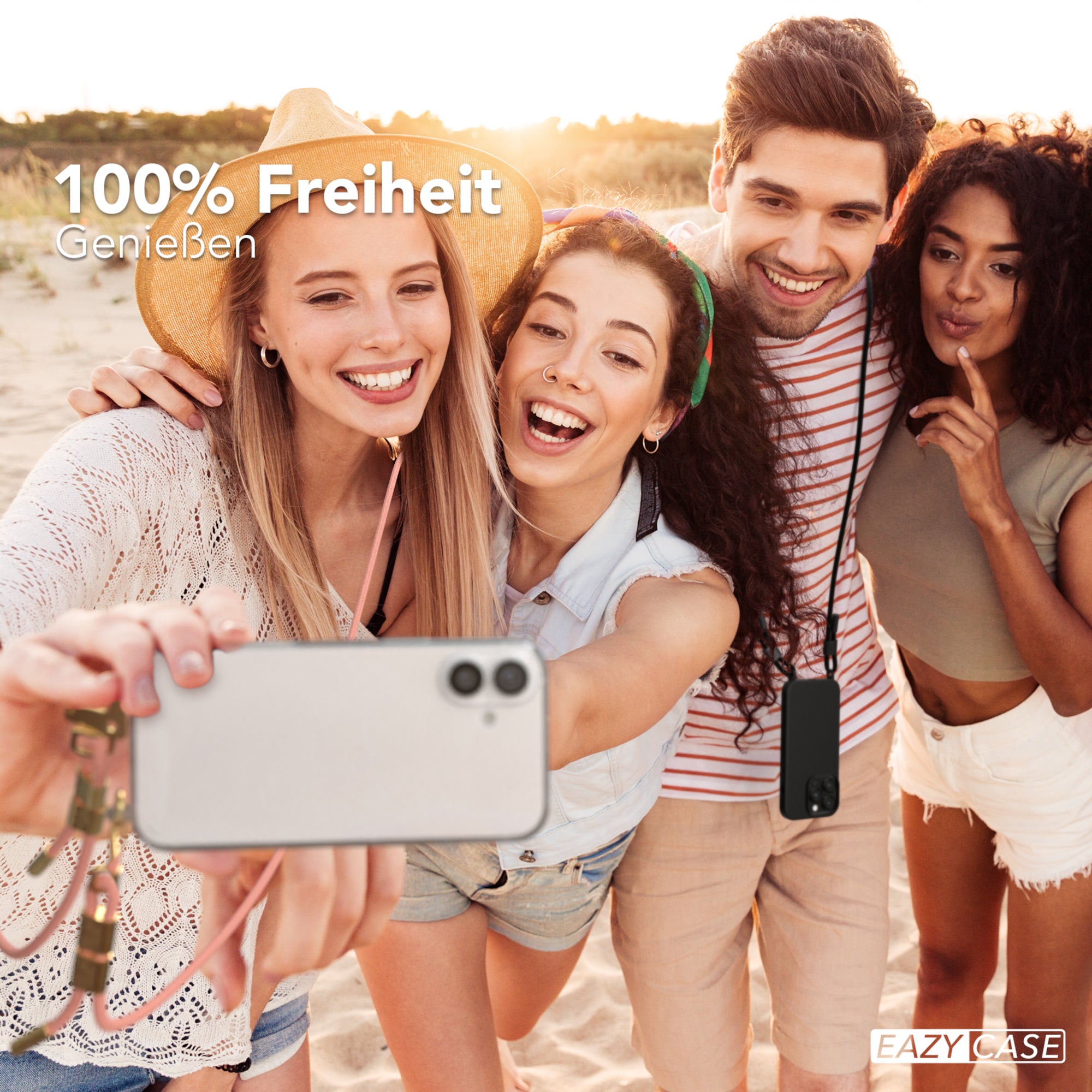 iPhone 16 Plus Hülle + Kordel mit Karabinern