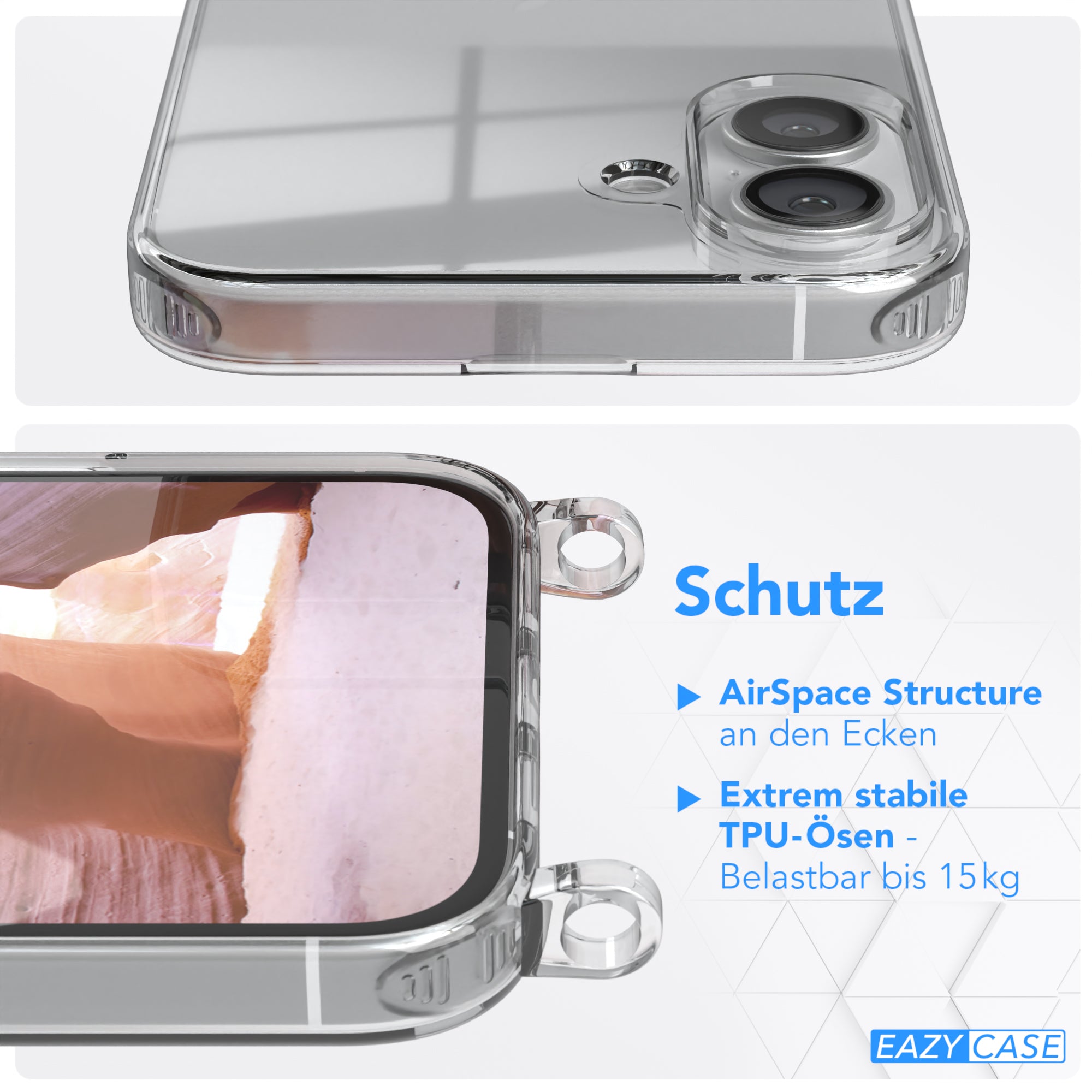 iPhone 16 Plus Hülle + Kordel mit Karabinern