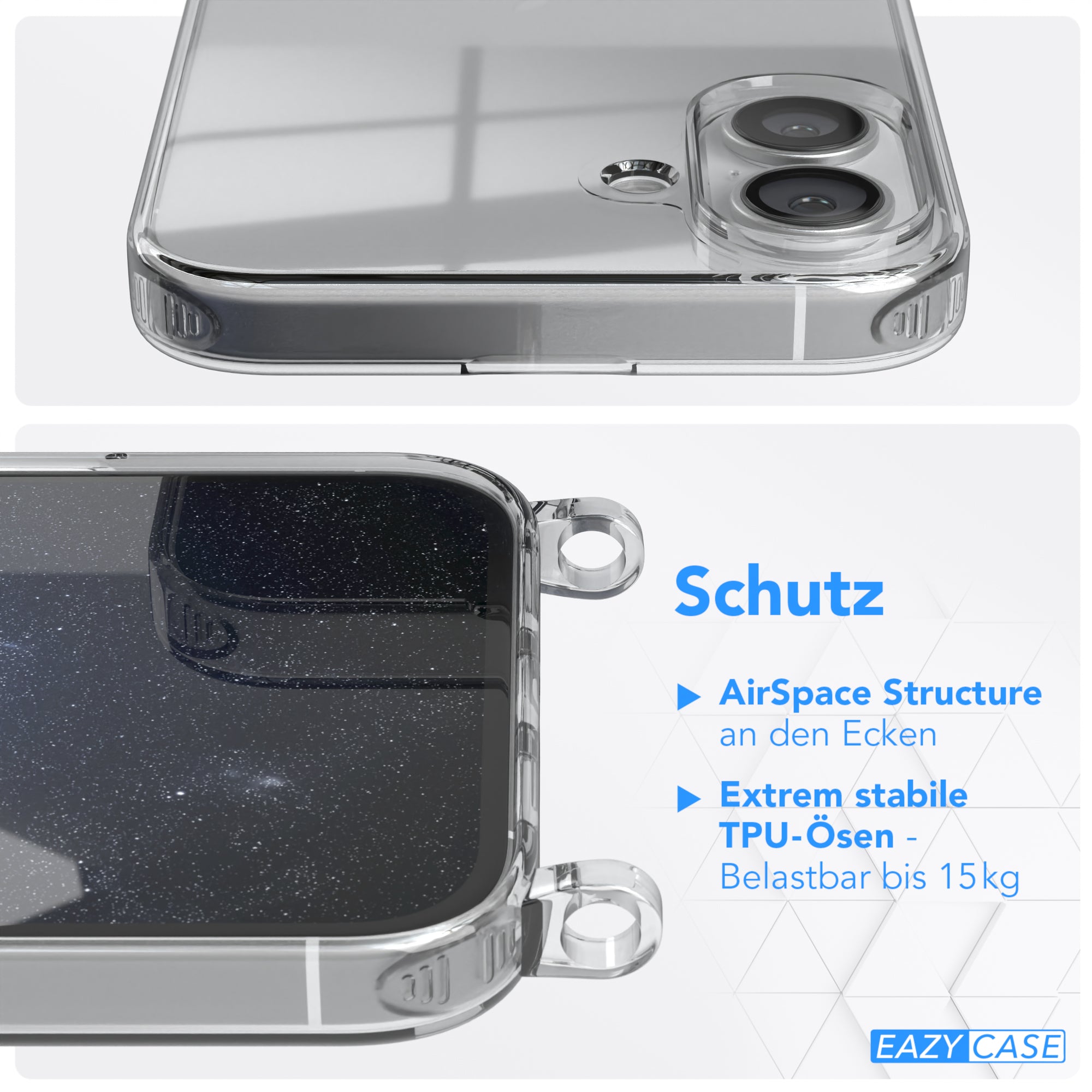 iPhone 16 Plus Hülle + Kordel mit Karabinern