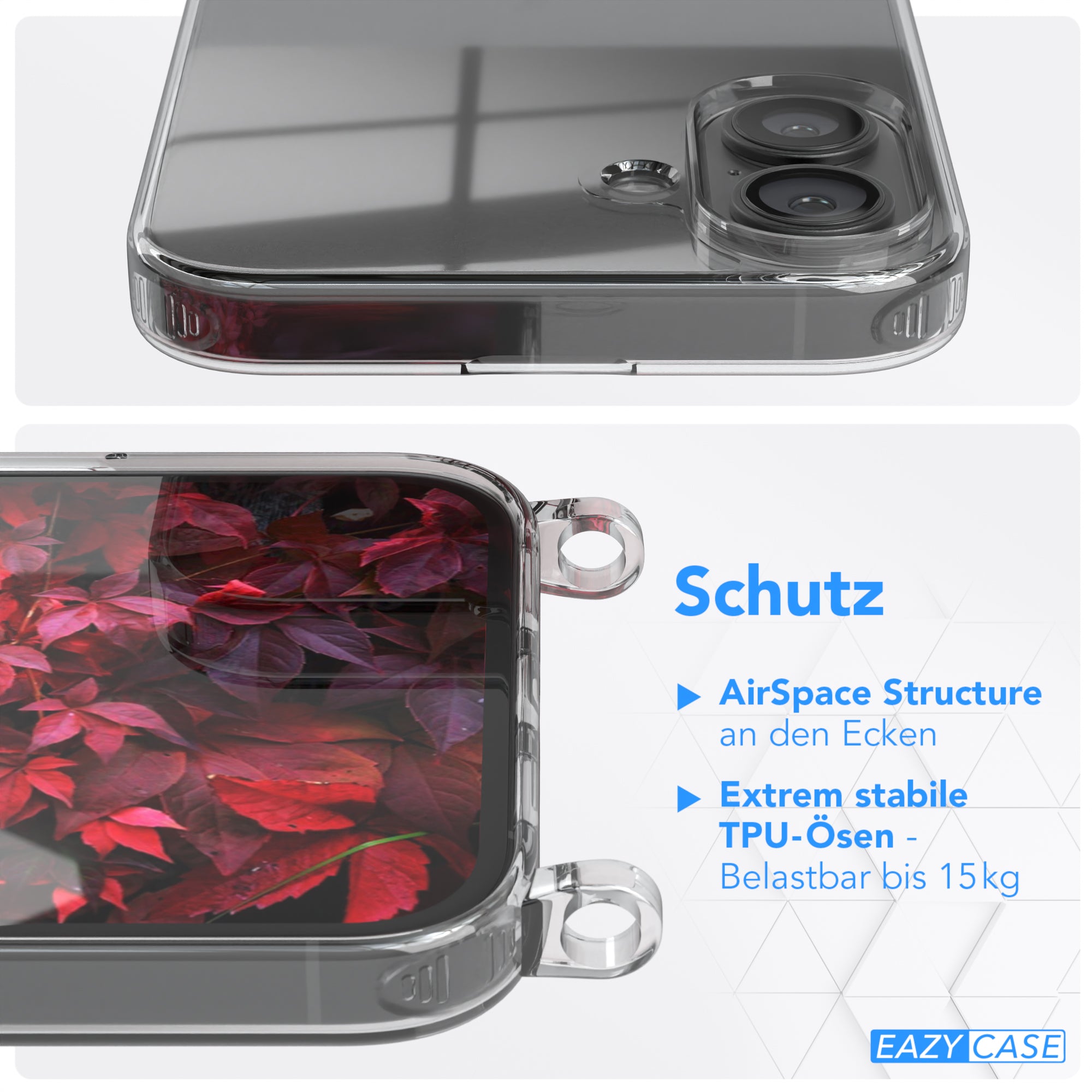 iPhone 16 Plus Hülle + Kordel mit Karabinern