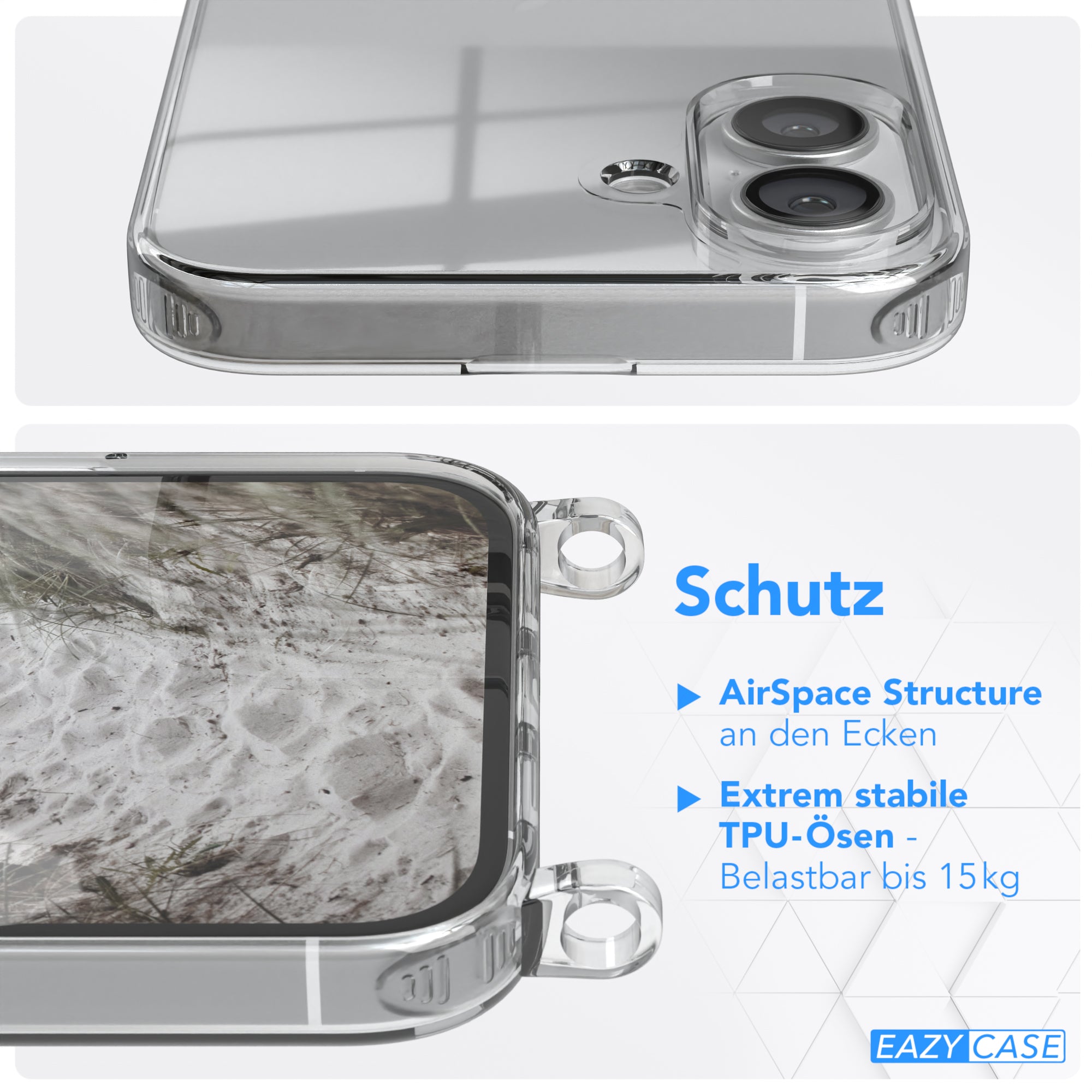 iPhone 16 Plus Hülle + Kordel mit Karabinern