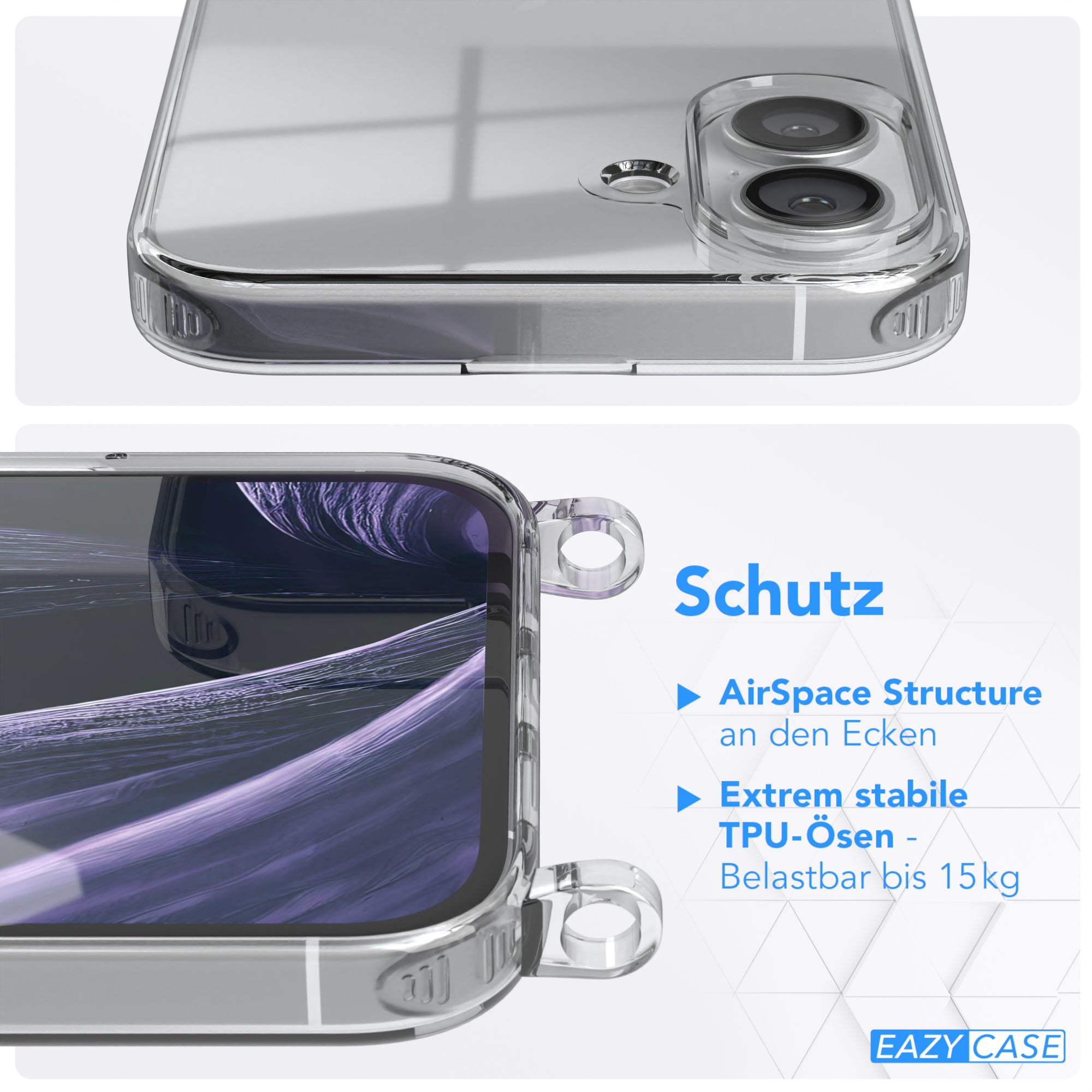 iPhone 16 Plus Hülle + Kordel mit Karabinern