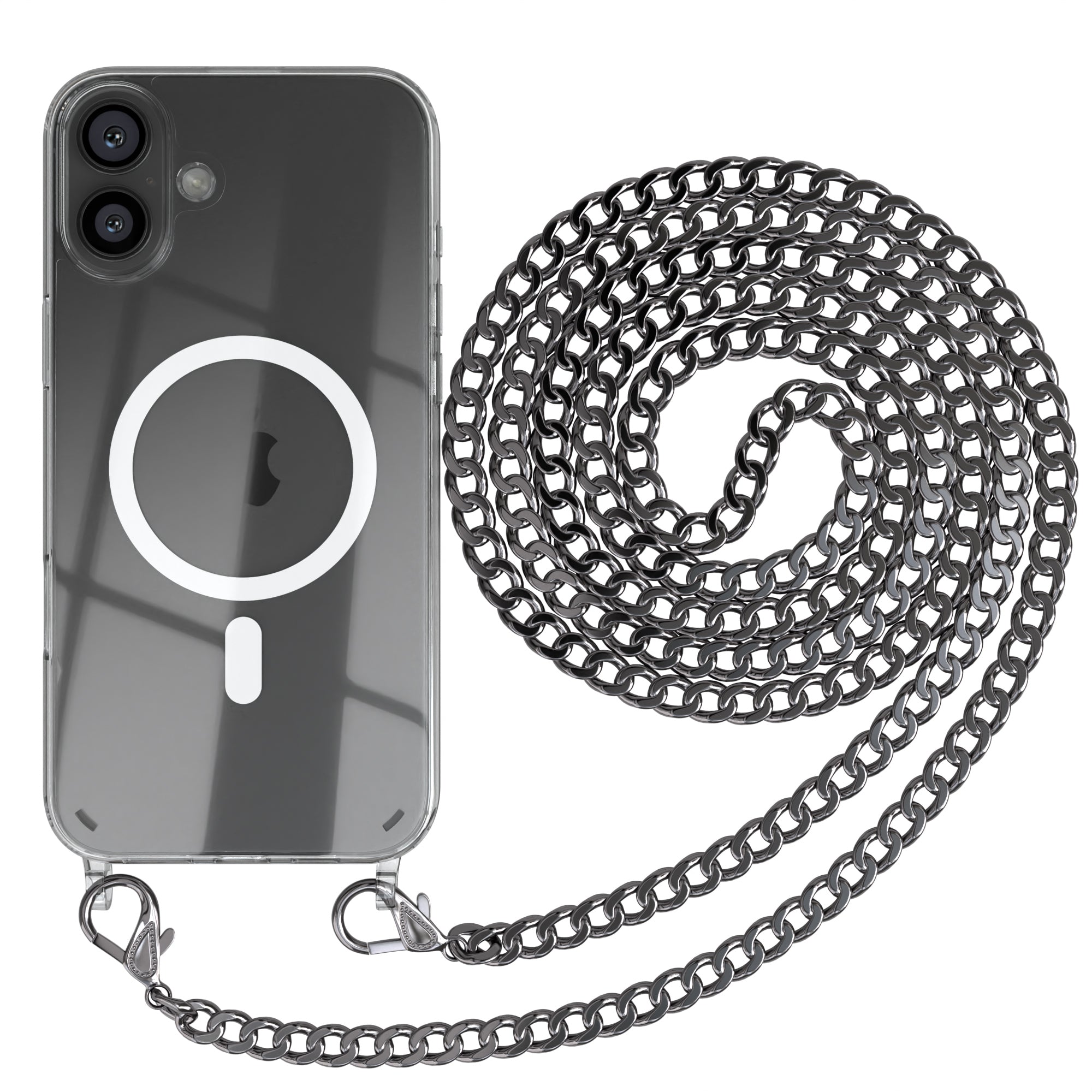 iPhone 16 Plus Hülle mit Metallkette + Schwarze Kordel mit MagSafe