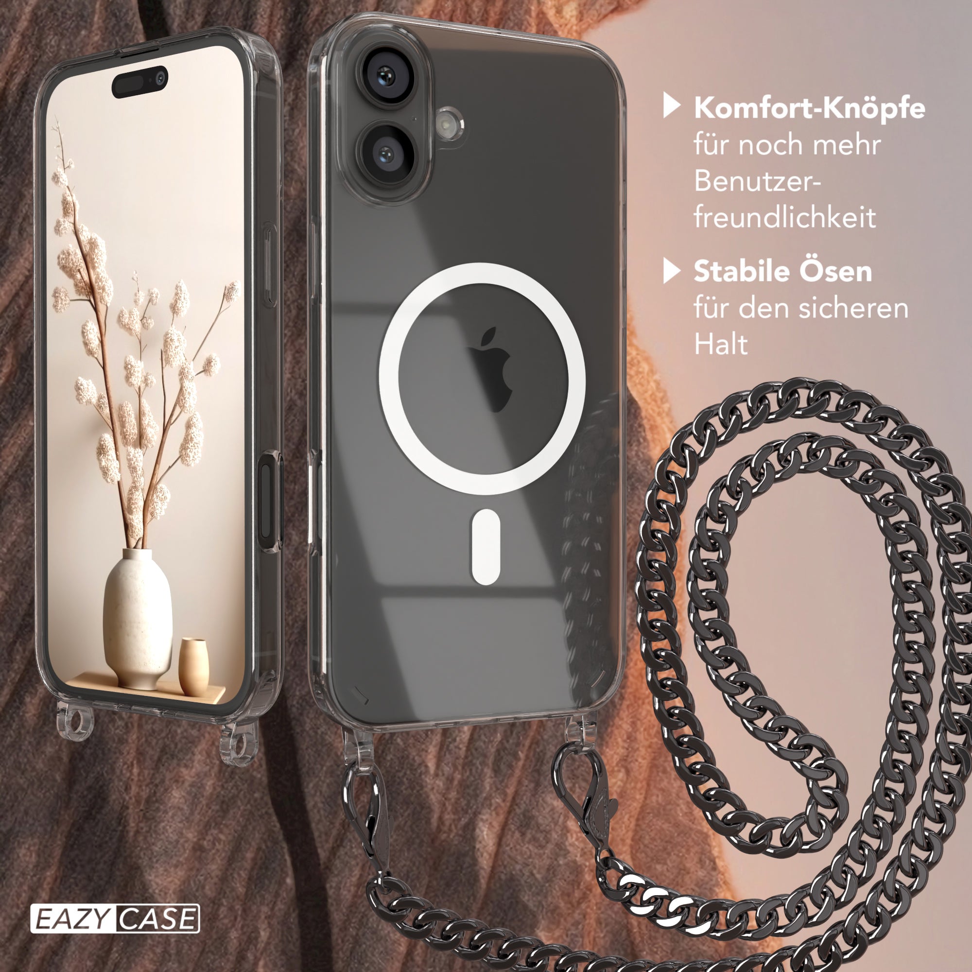 iPhone 16 Plus Hülle mit Metallkette + Schwarze Kordel mit MagSafe