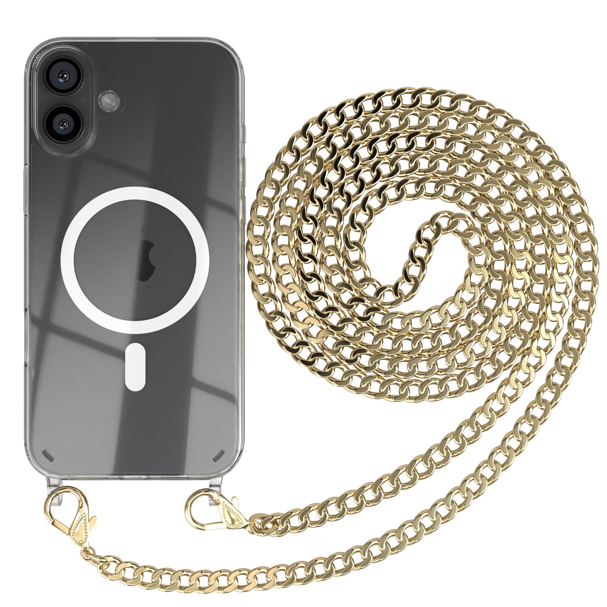 iPhone 16 Plus Hülle mit Metallkette + Schwarze Kordel mit MagSafe