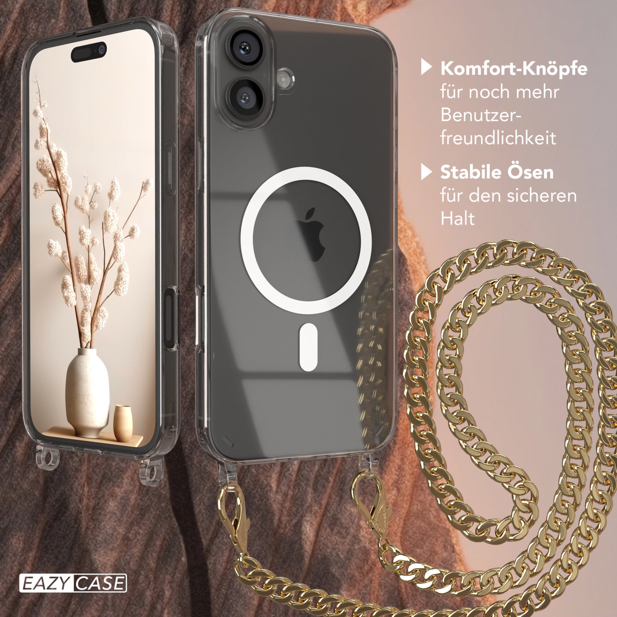iPhone 16 Plus Hülle mit Metallkette + Schwarze Kordel mit MagSafe