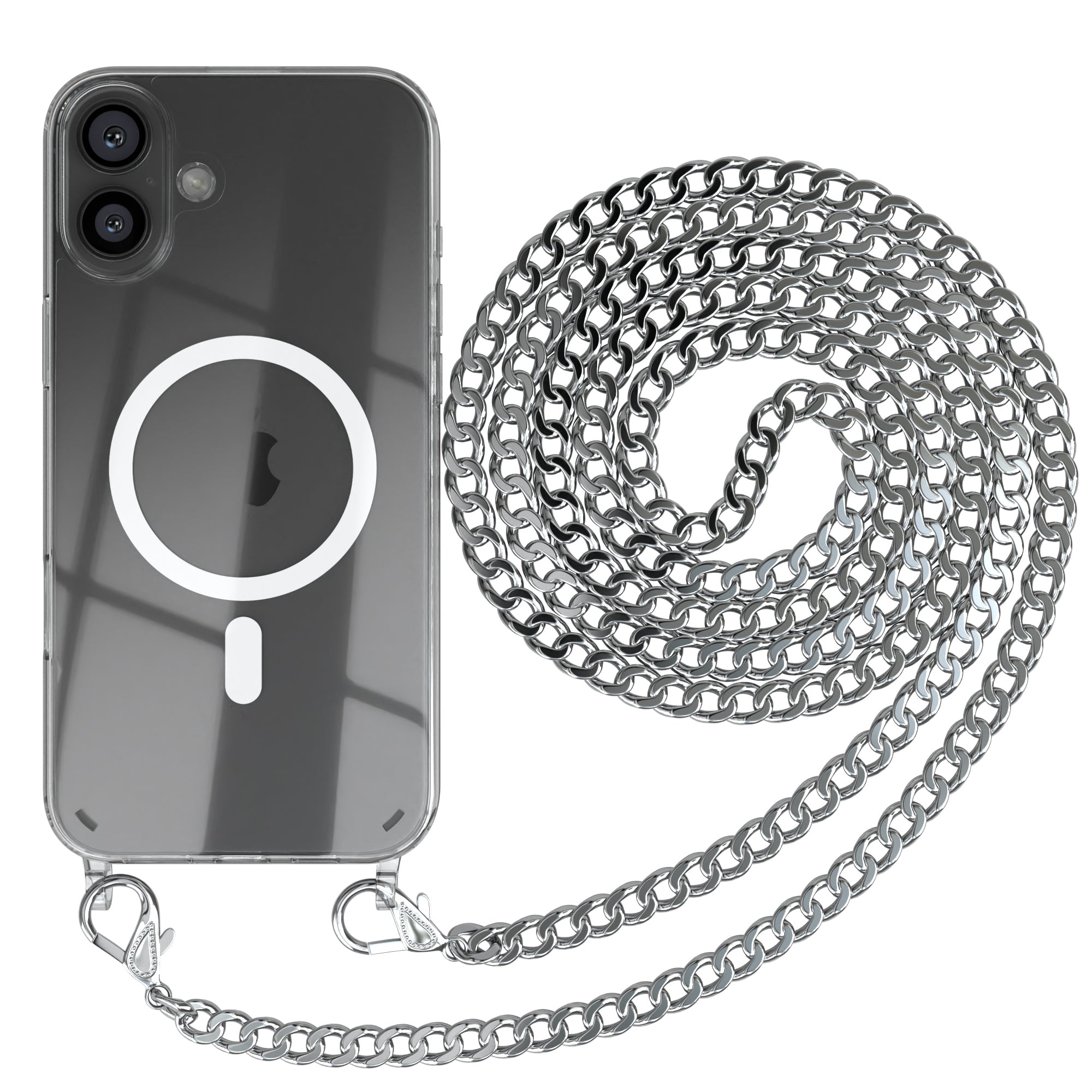 iPhone 16 Plus Hülle mit Metallkette + Schwarze Kordel mit MagSafe