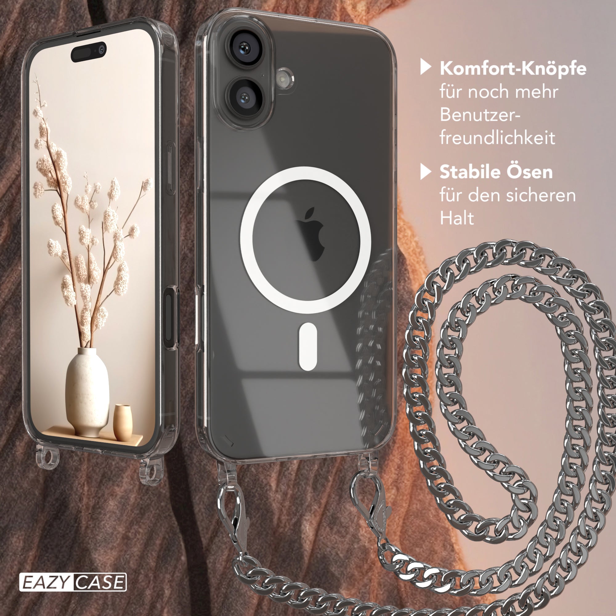 iPhone 16 Plus Hülle mit Metallkette + Schwarze Kordel mit MagSafe