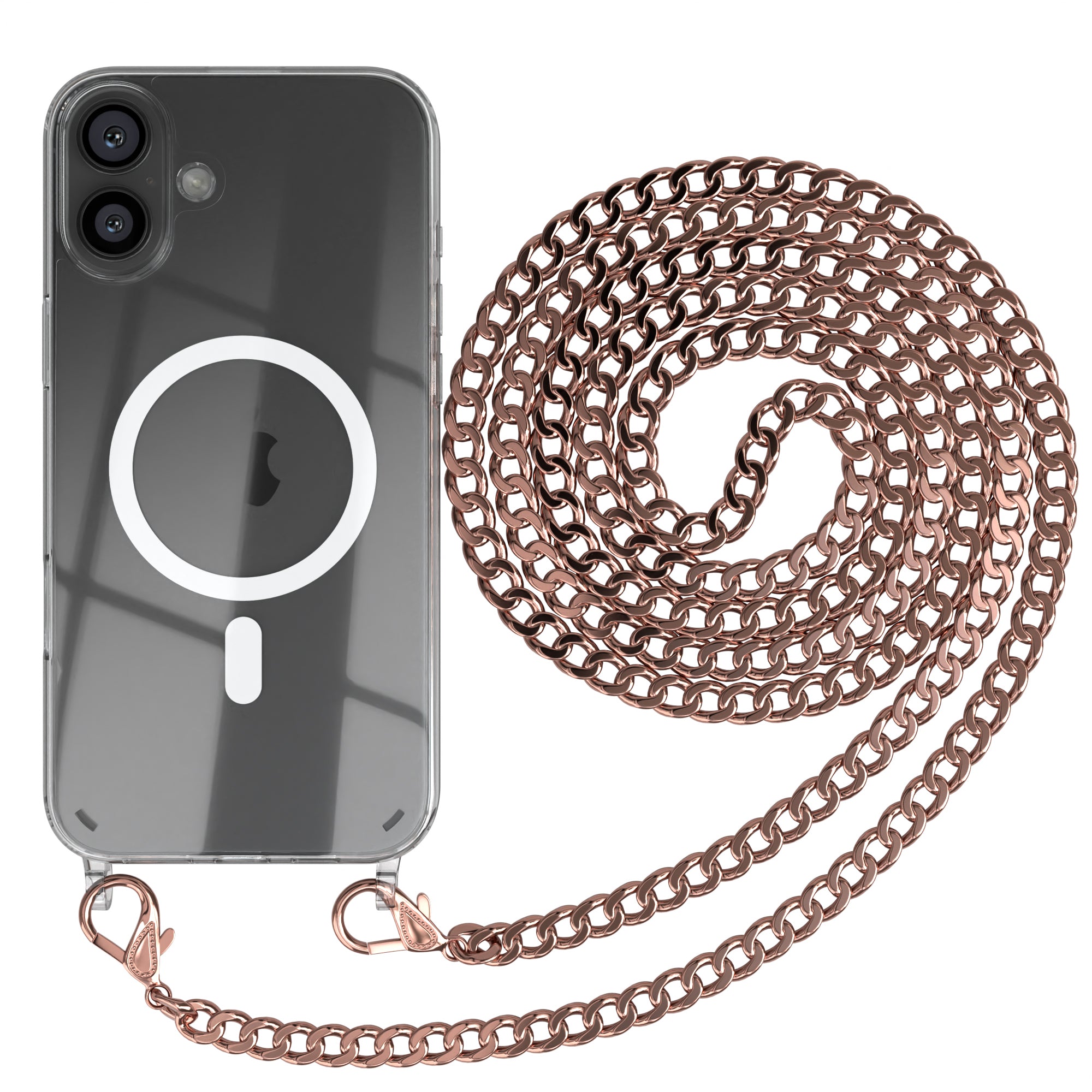 iPhone 16 Plus Hülle mit Metallkette + Schwarze Kordel mit MagSafe