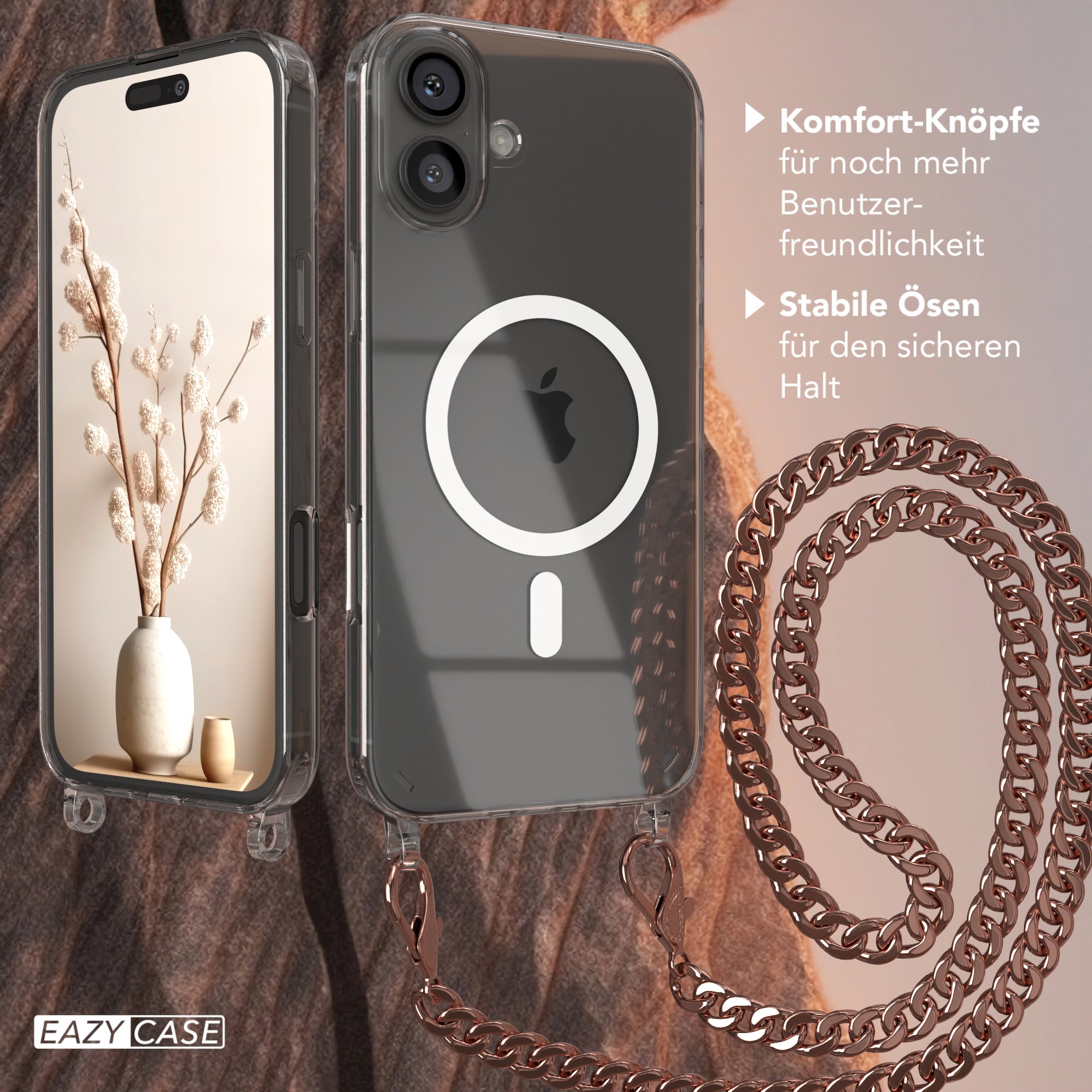 iPhone 16 Plus Hülle mit Metallkette + Schwarze Kordel mit MagSafe
