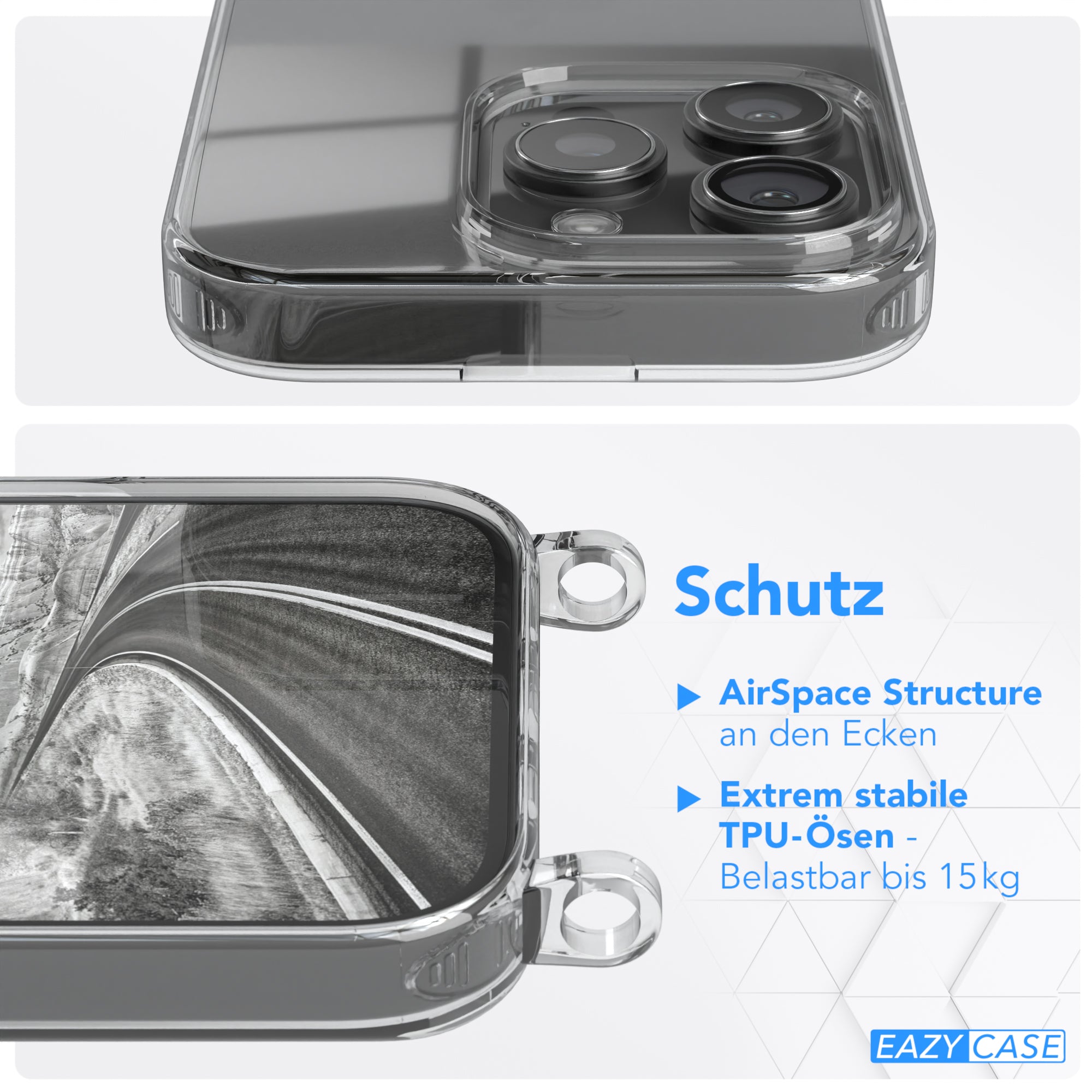 iPhone 16 Pro Hülle + Kordel mit Karabinern