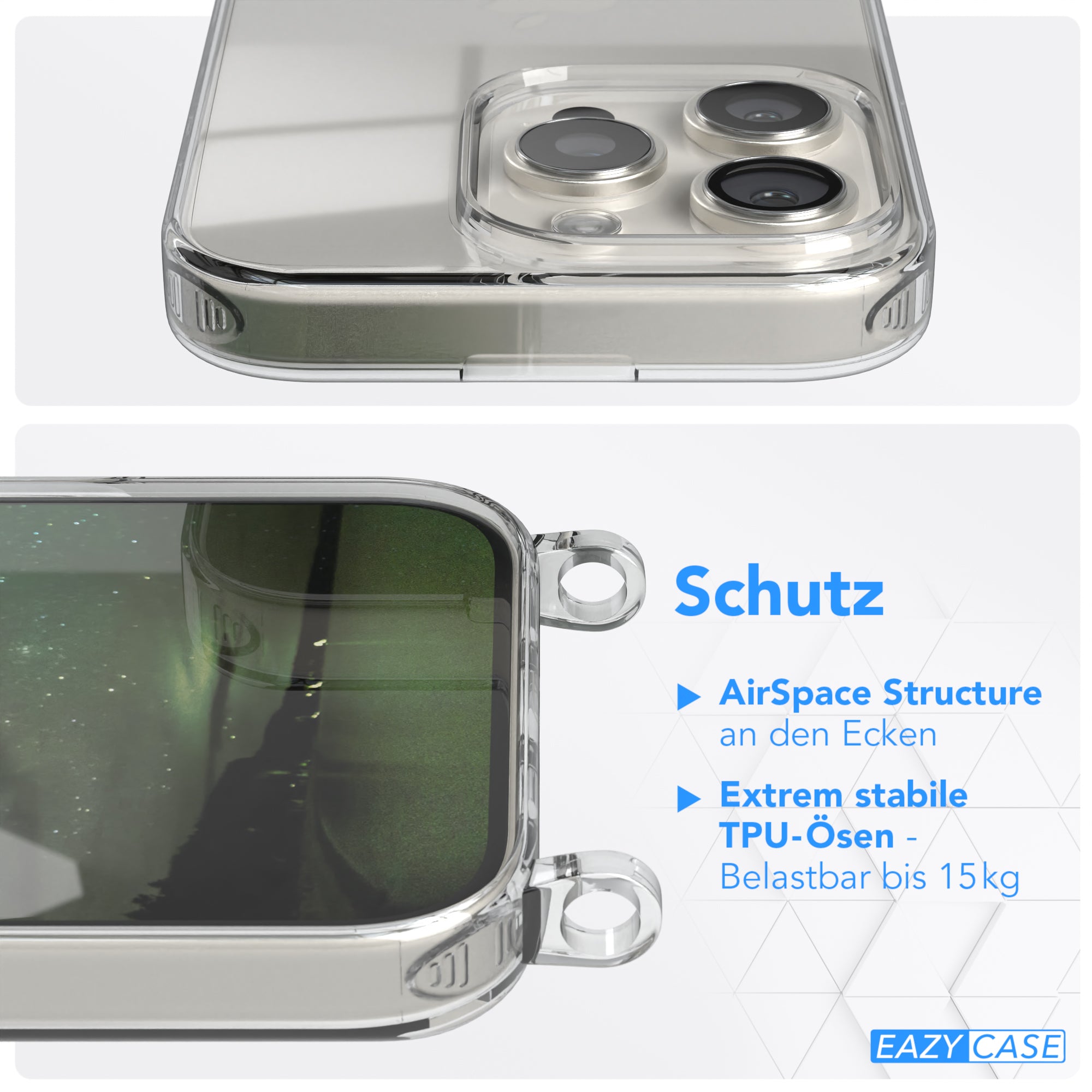 iPhone 16 Pro Hülle + Kordel mit Karabinern