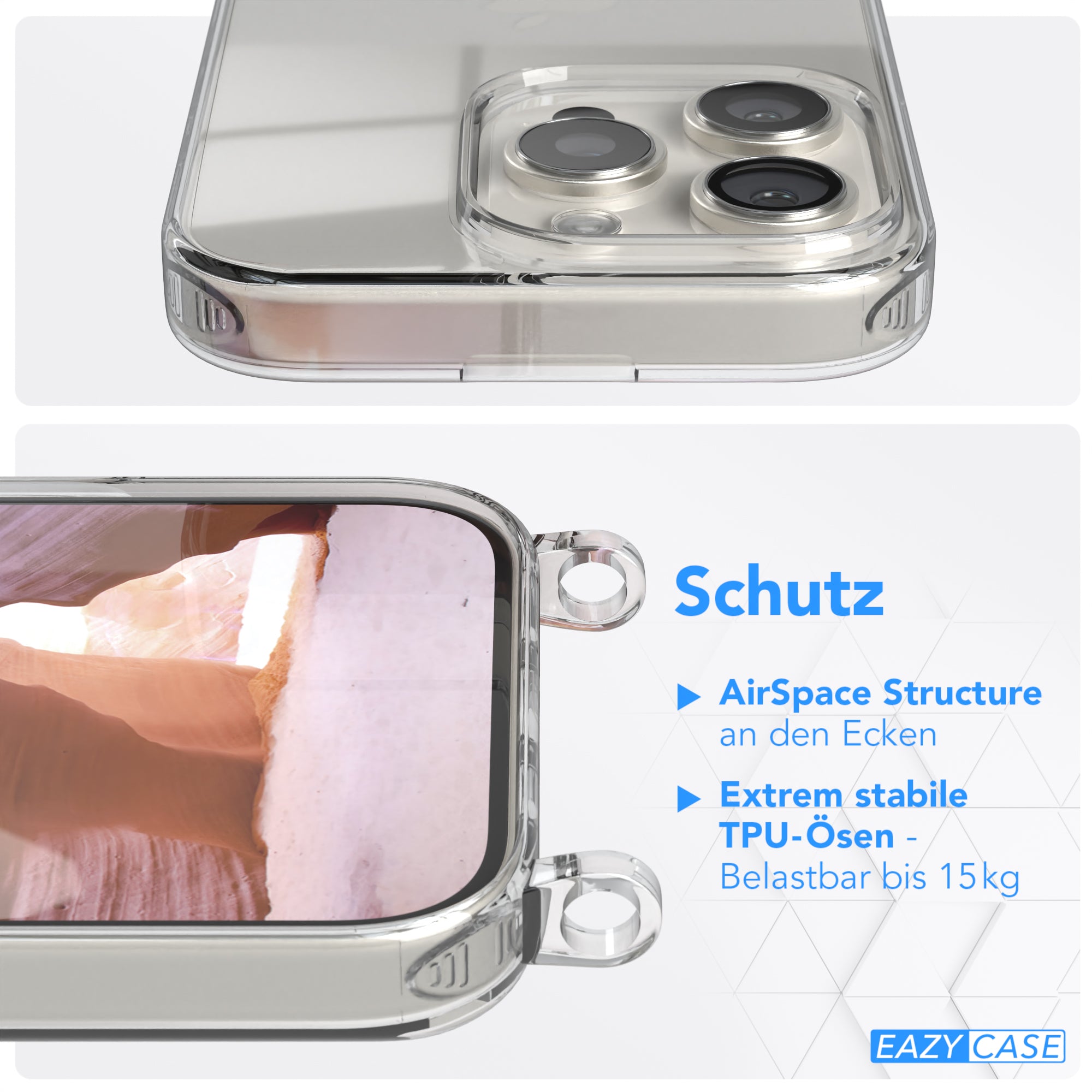 iPhone 16 Pro Hülle + Kordel mit Karabinern