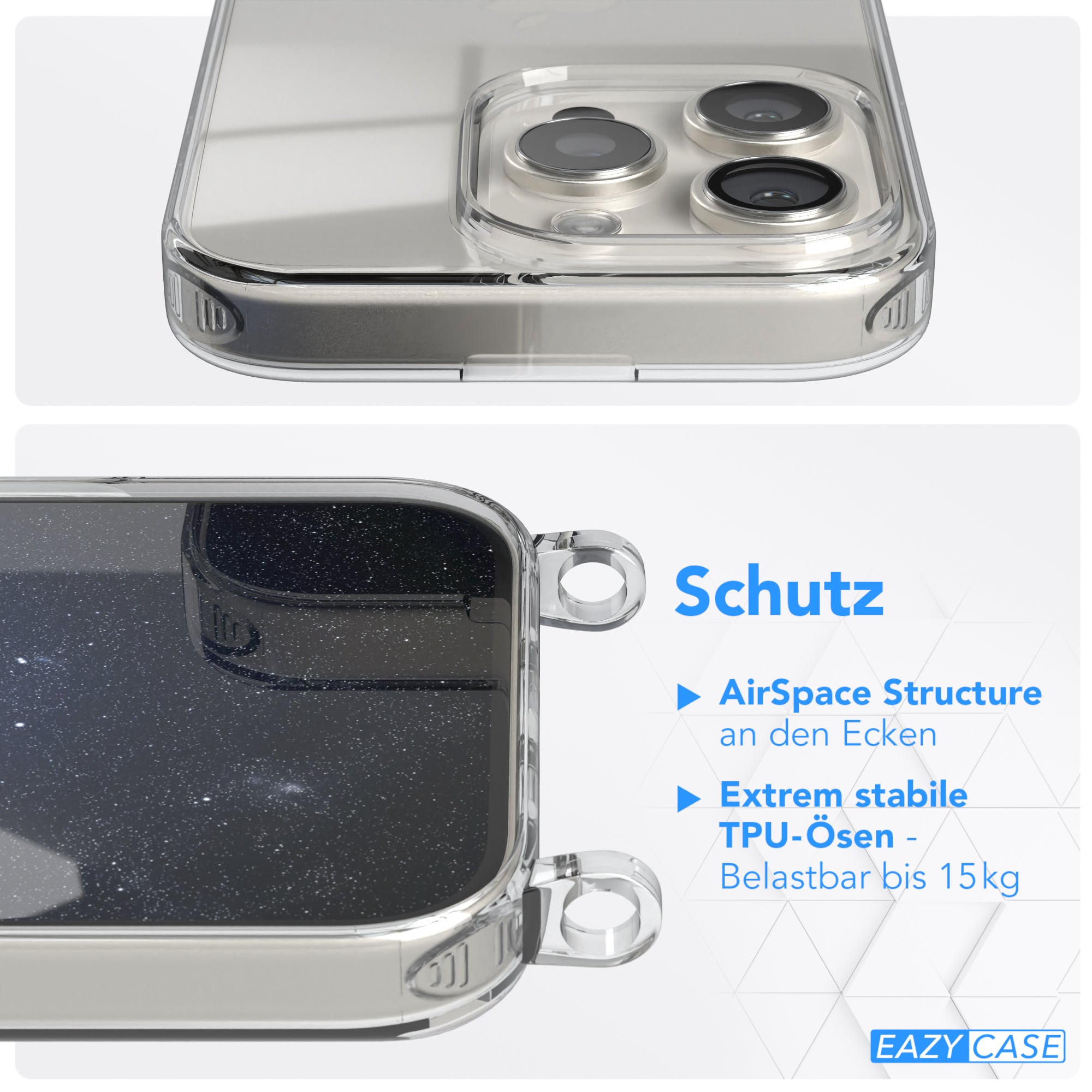 iPhone 16 Pro Hülle + Kordel mit Karabinern
