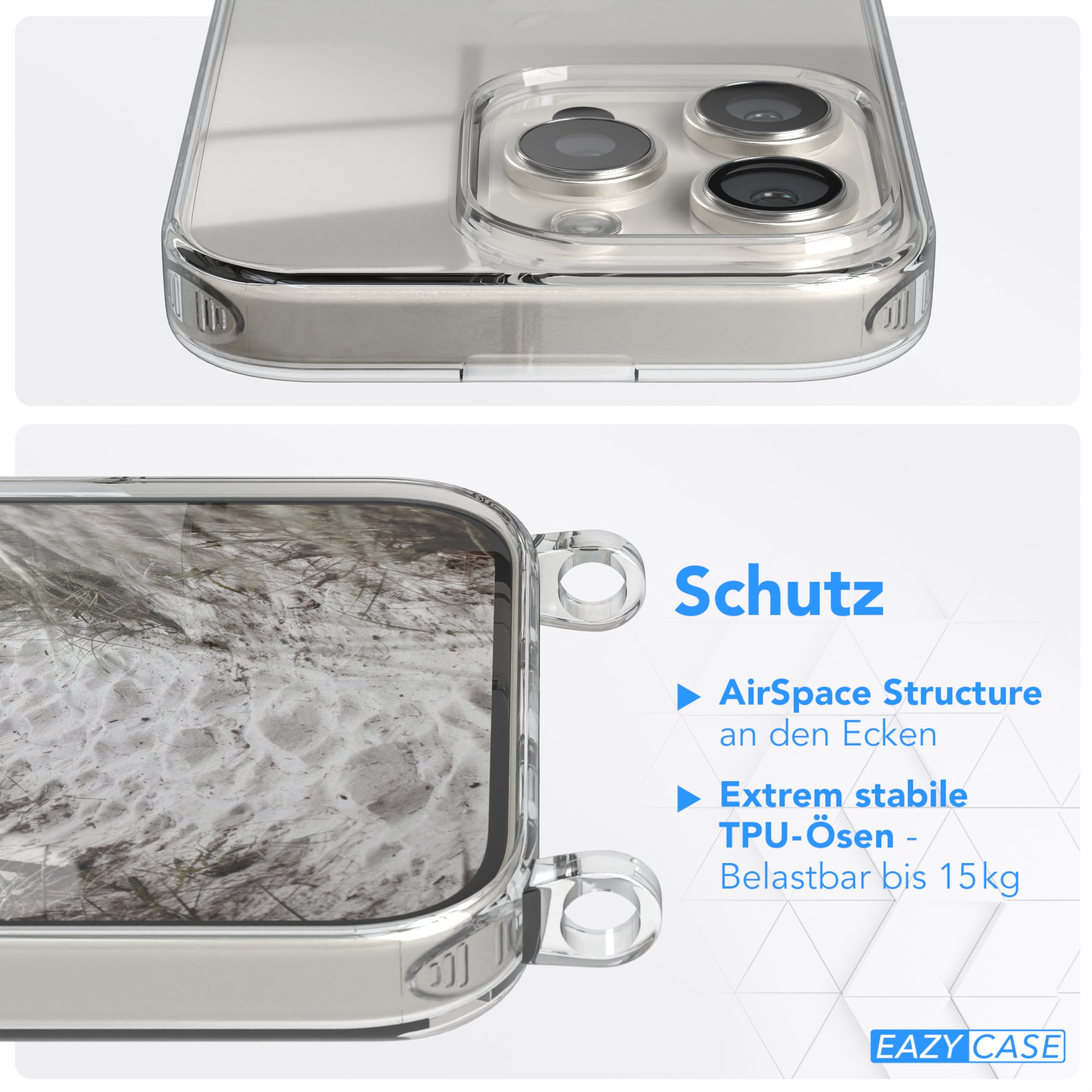 iPhone 16 Pro Hülle + Kordel mit Karabinern