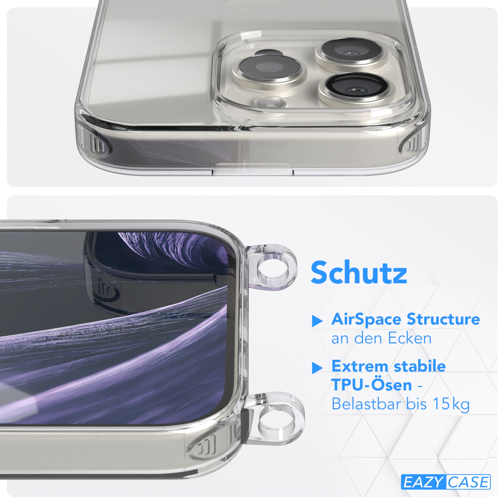iPhone 16 Pro Hülle + Kordel mit Karabinern