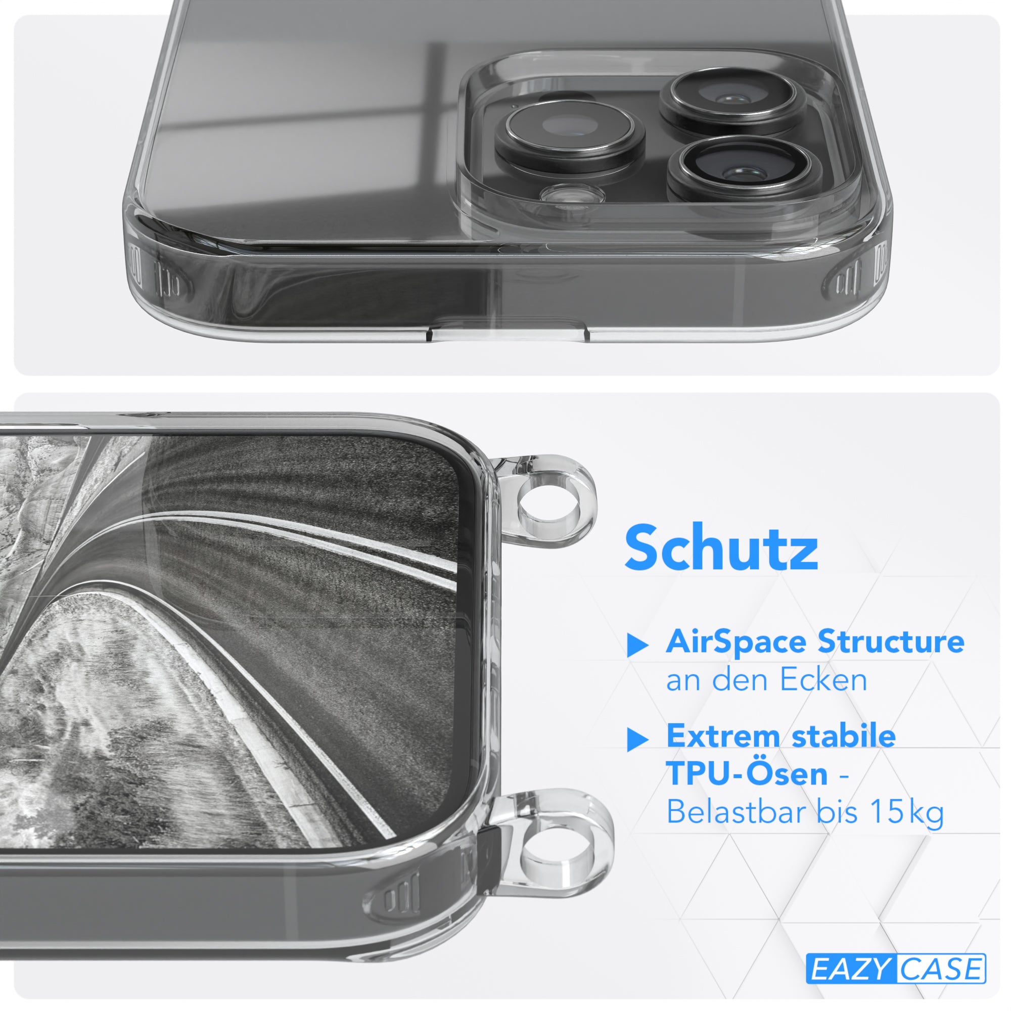 iPhone 16 Pro Max Hülle + Kordel mit Karabinern