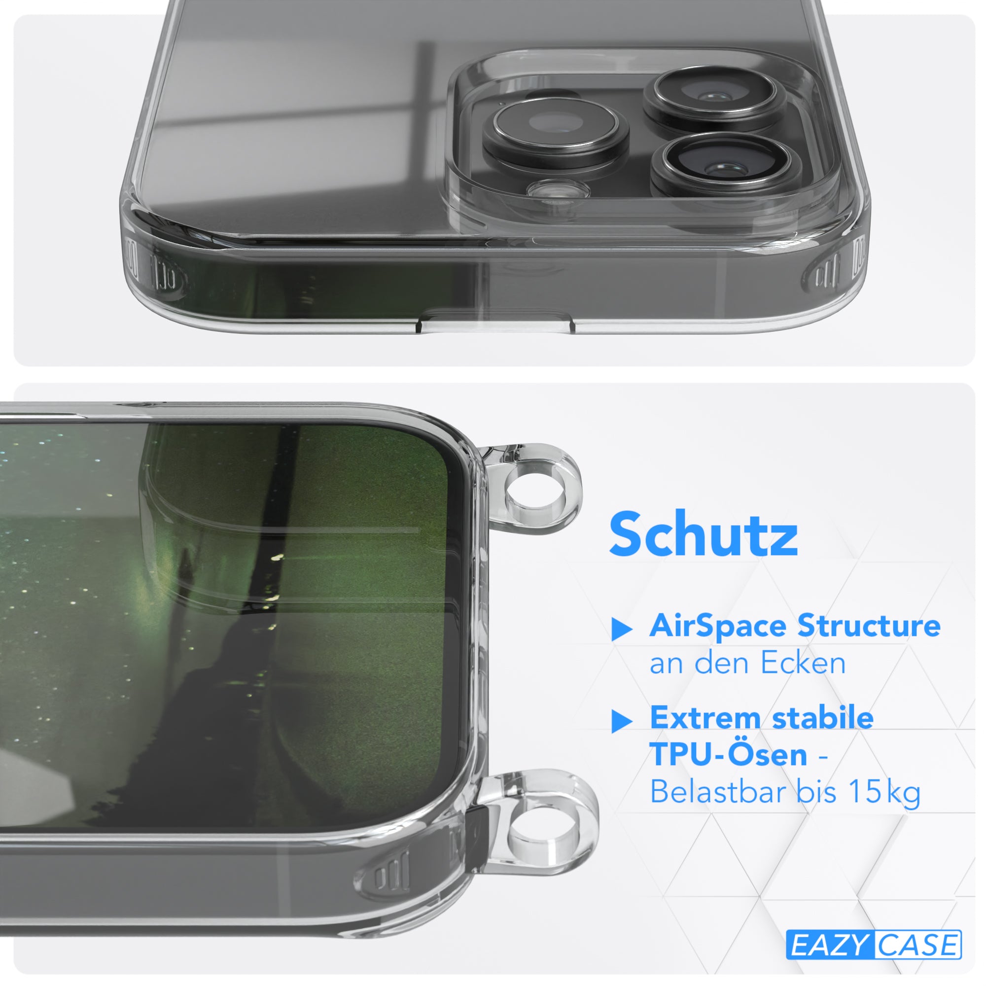 iPhone 16 Pro Max Hülle + Kordel mit Karabinern