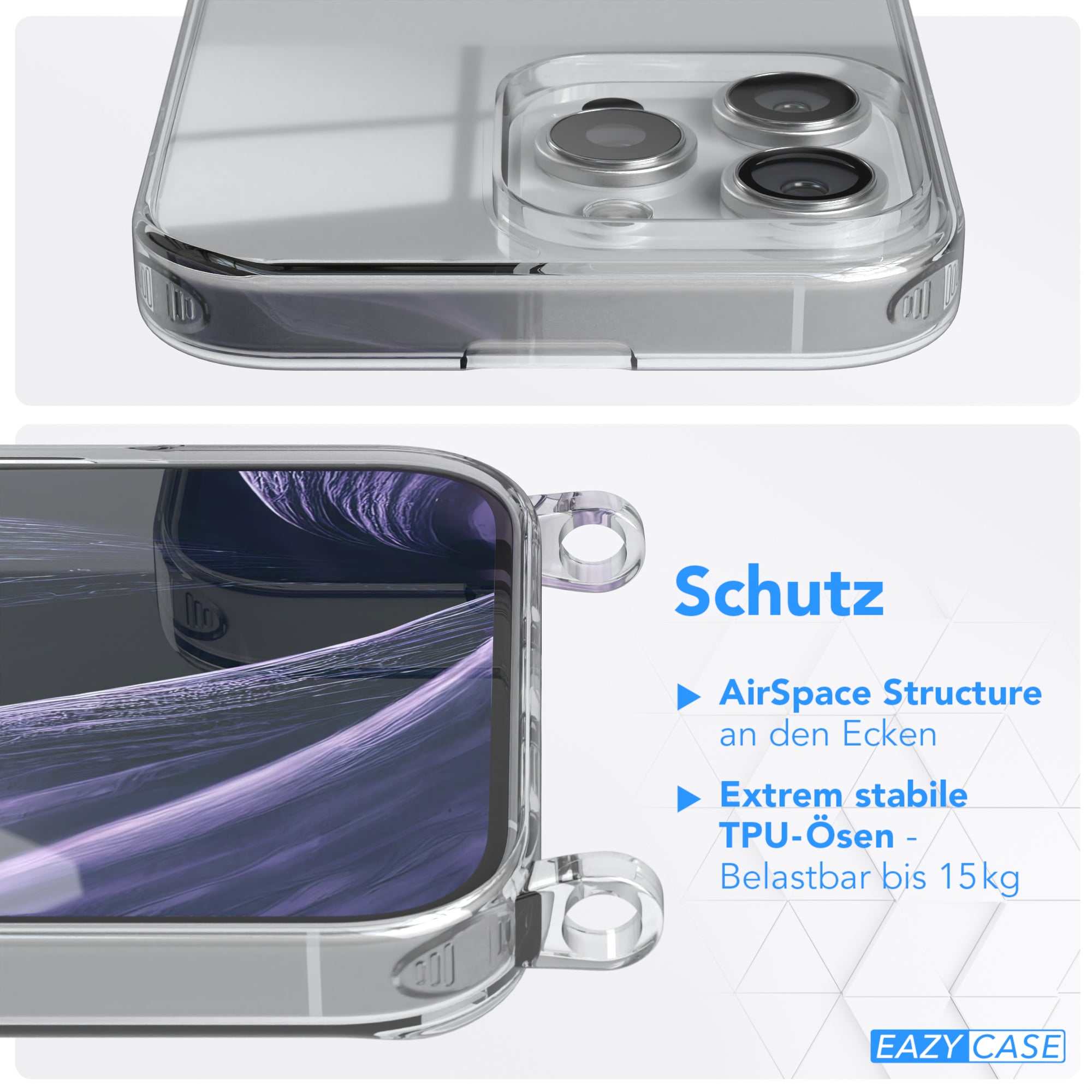 iPhone 16 Pro Max Hülle + Kordel mit Karabinern