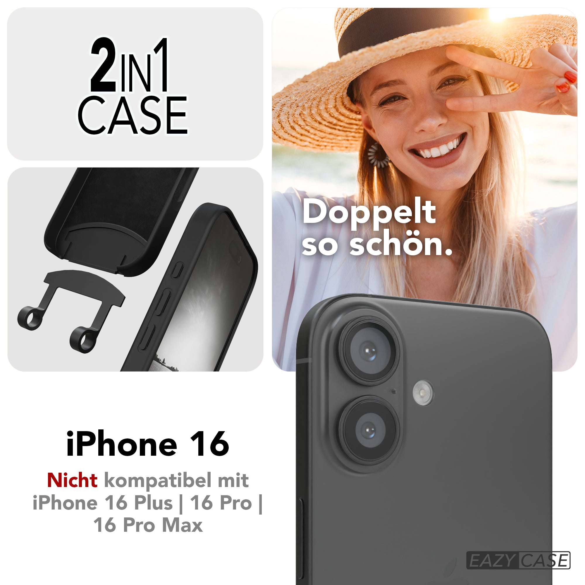 iPhone 16 2in1 Hülle + Kordel mit Karabinern
