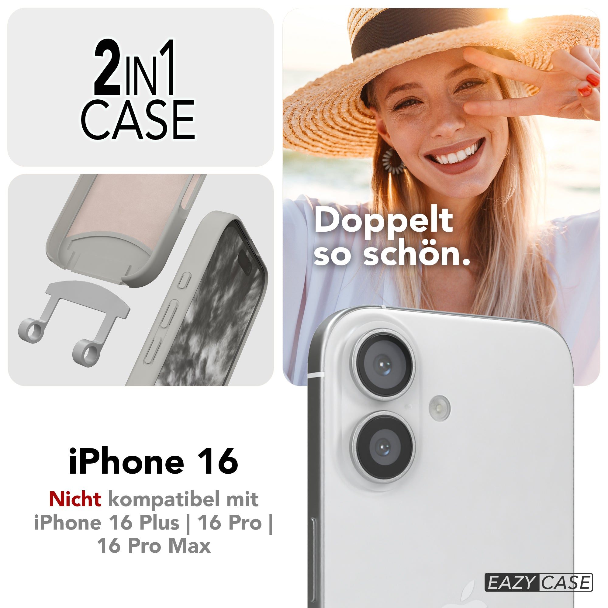 iPhone 16 2in1 Hülle + Kordel mit Karabinern