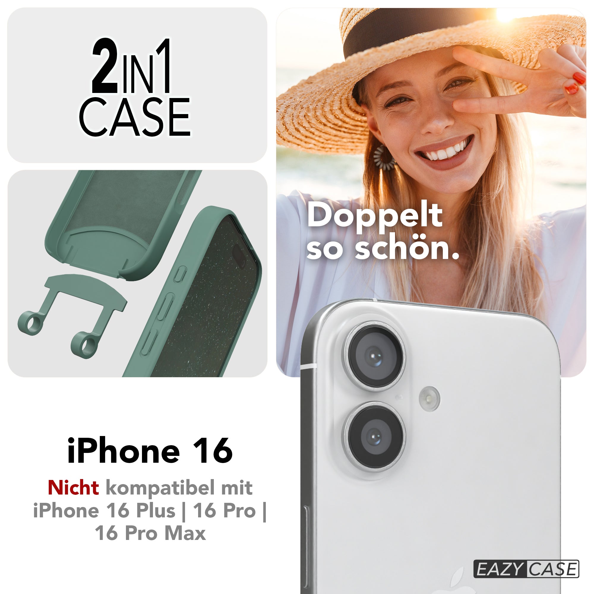 iPhone 16 2in1 Hülle + Kordel mit Karabinern